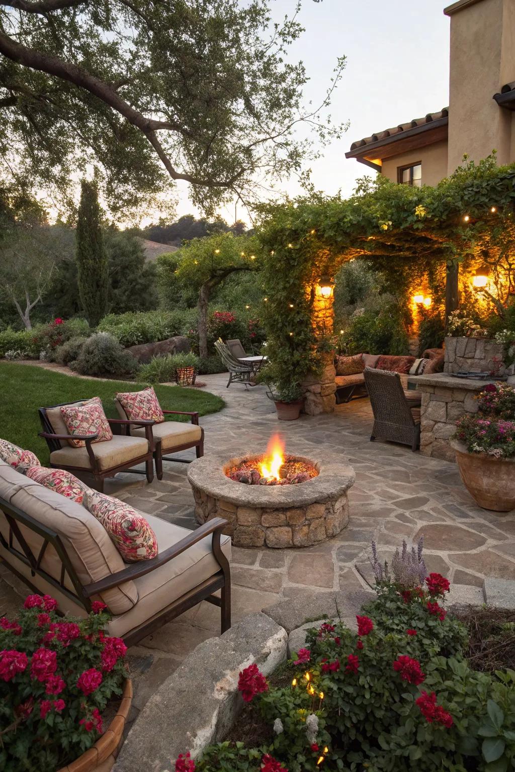 A fire pit creates a warm, inviting space for gatherings.