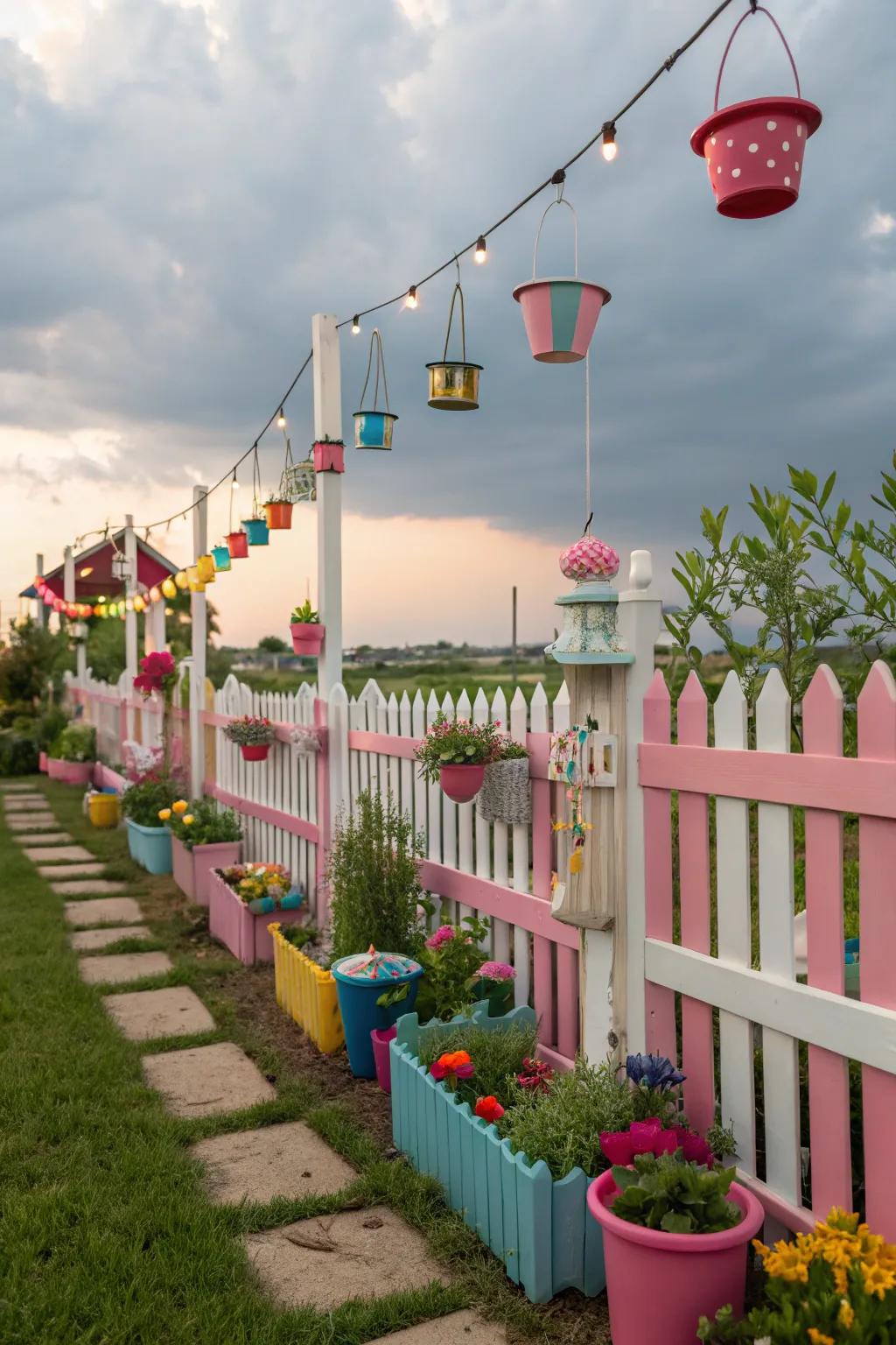 Pink and white fence adding a playful touch to a whimsical garden.