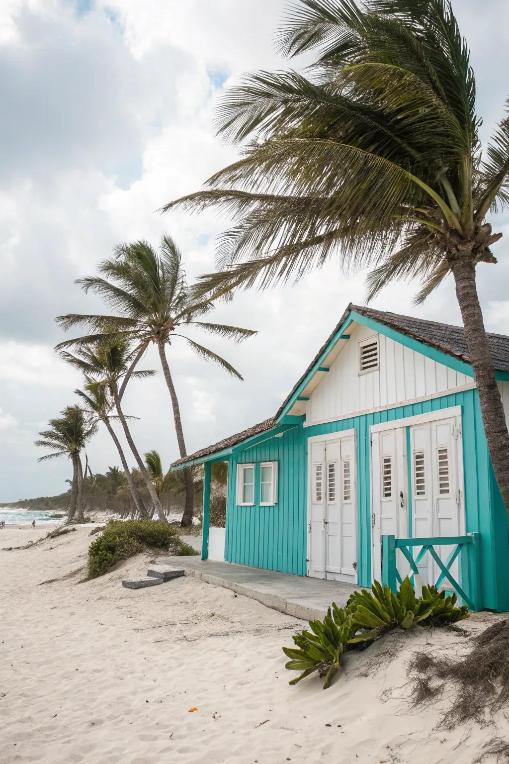 Turquoise and white bring a playful vacation vibe to this beach house.