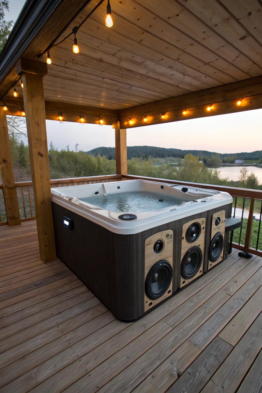An integrated sound system enhances the hot tub experience.