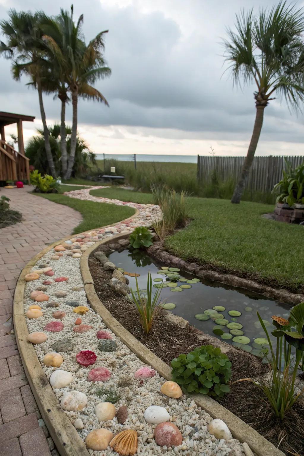 Seashell edging brings a coastal vibe to garden borders.