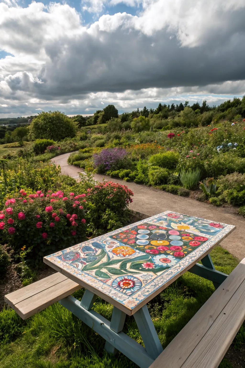 Mosaic patterns make your picnic table a work of art.