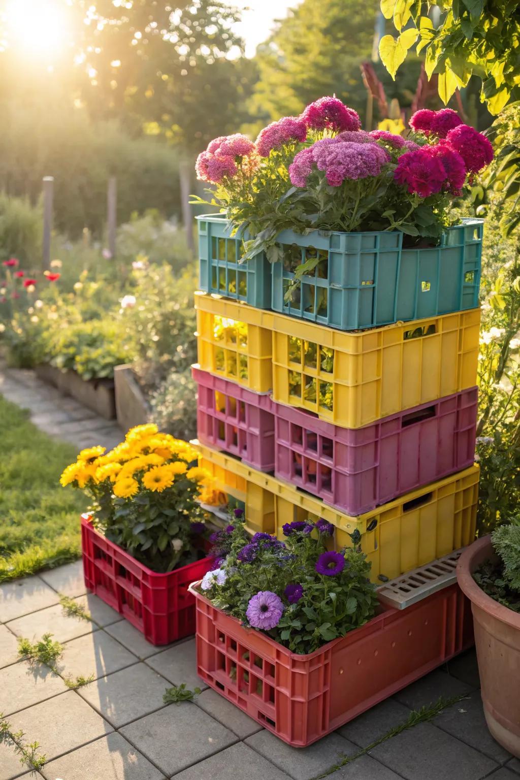 Soda crates offer colorful and creative planter options.