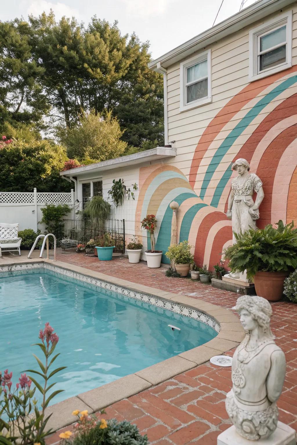 A pool with vintage-inspired paint design featuring retro waves.