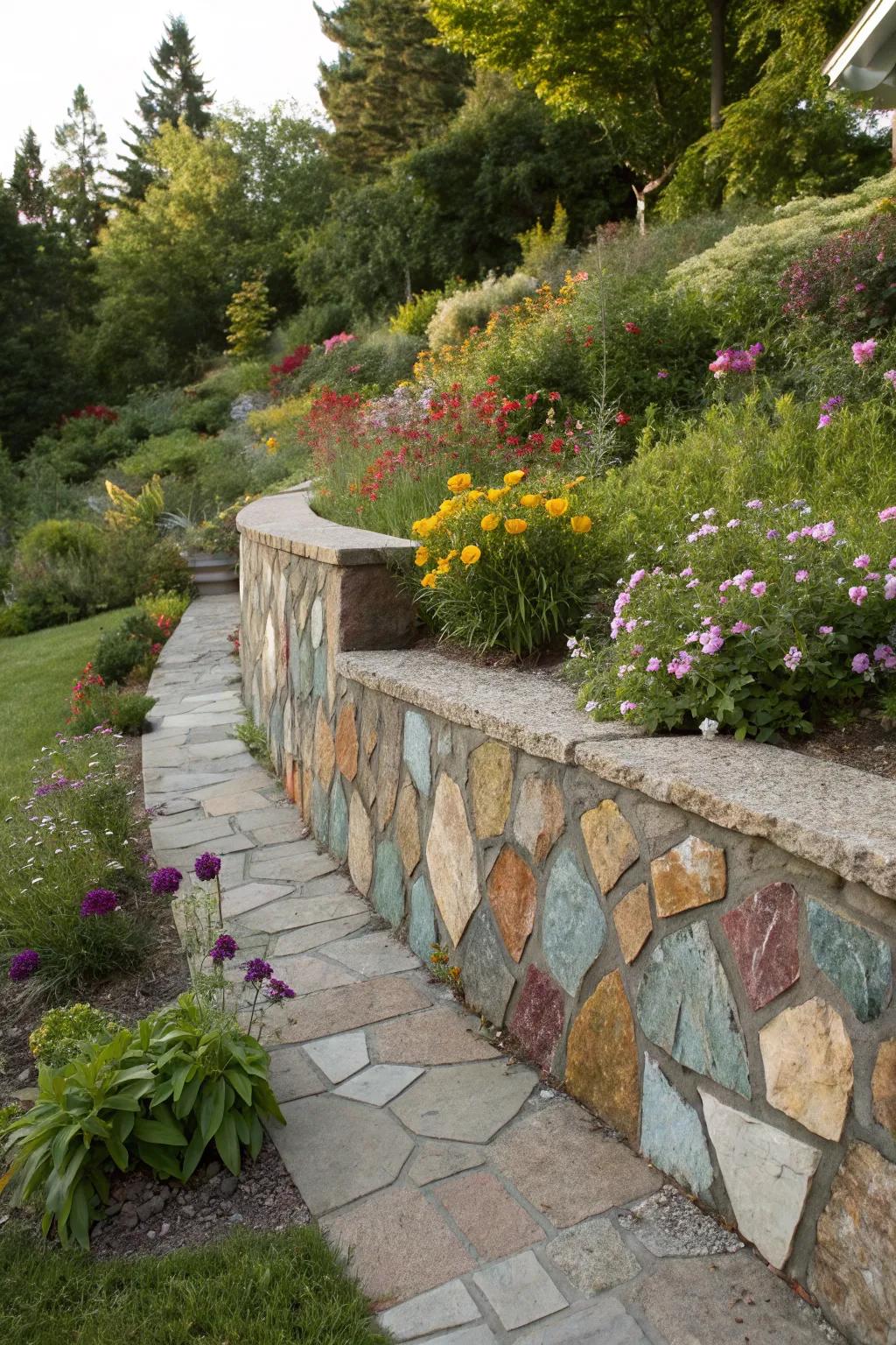 Playful patchwork stone retaining wall