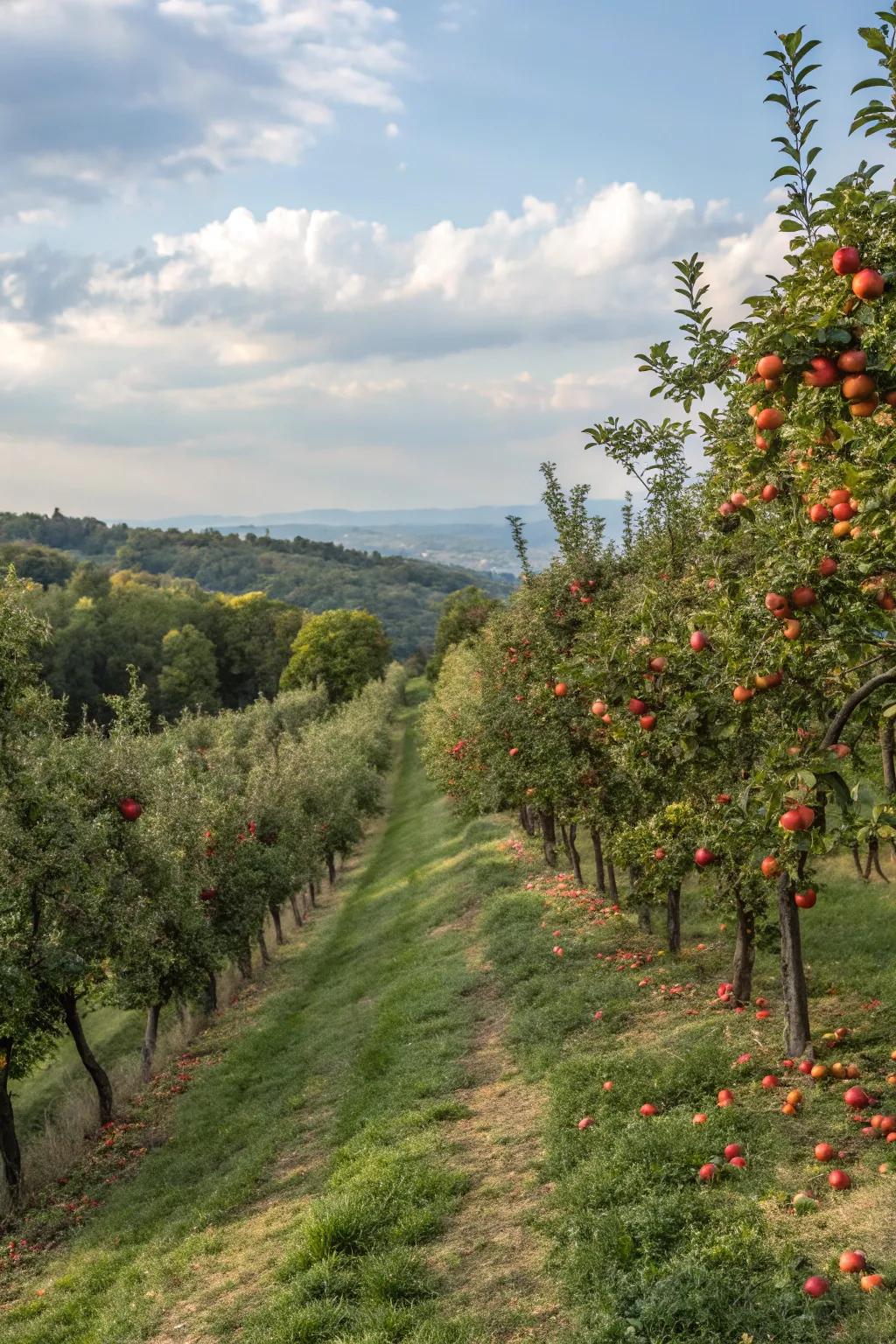 A fruit orchard on a slope provides fresh produce and beauty.