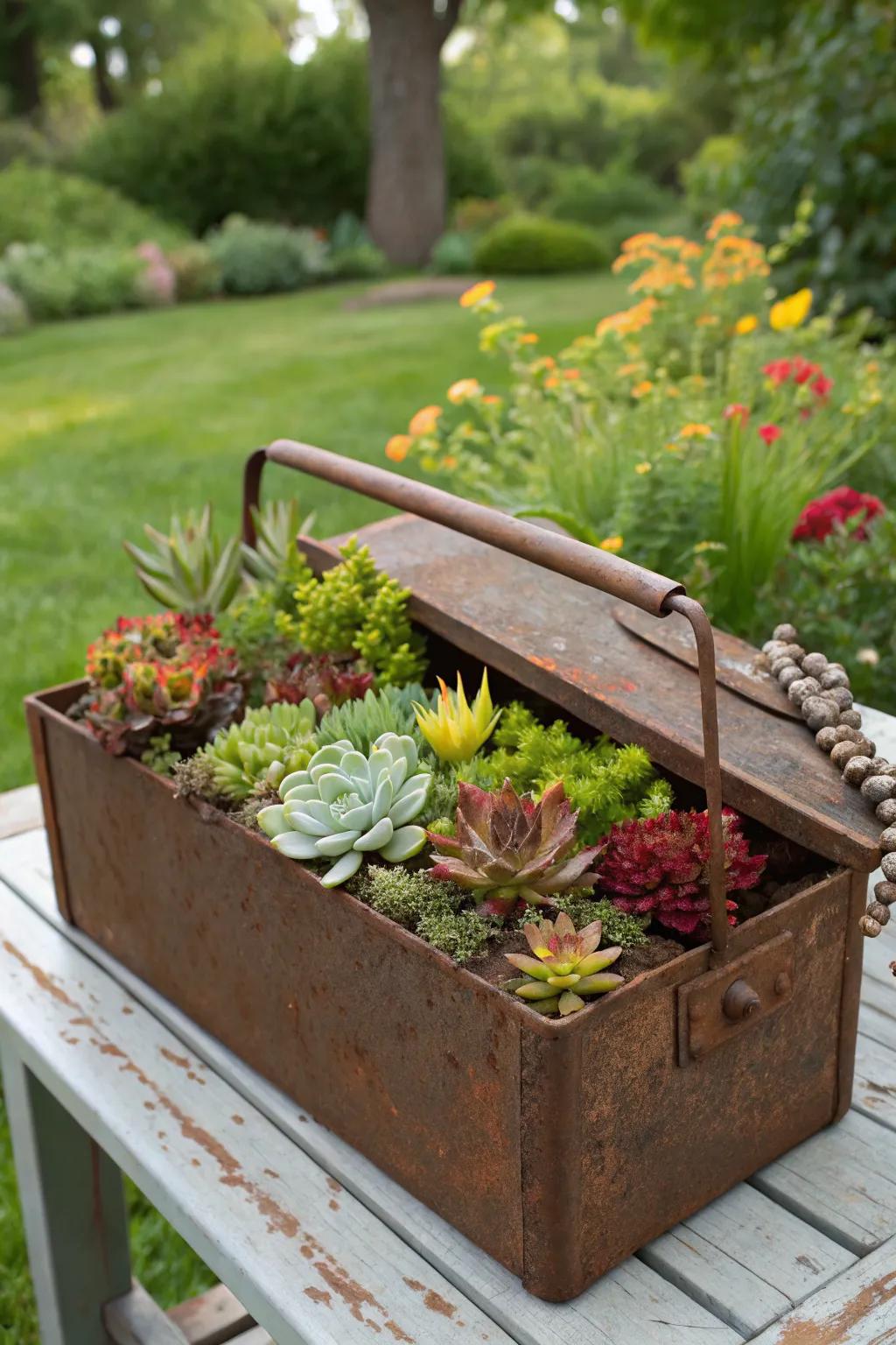 A toolbox adds an industrial touch to garden decor.