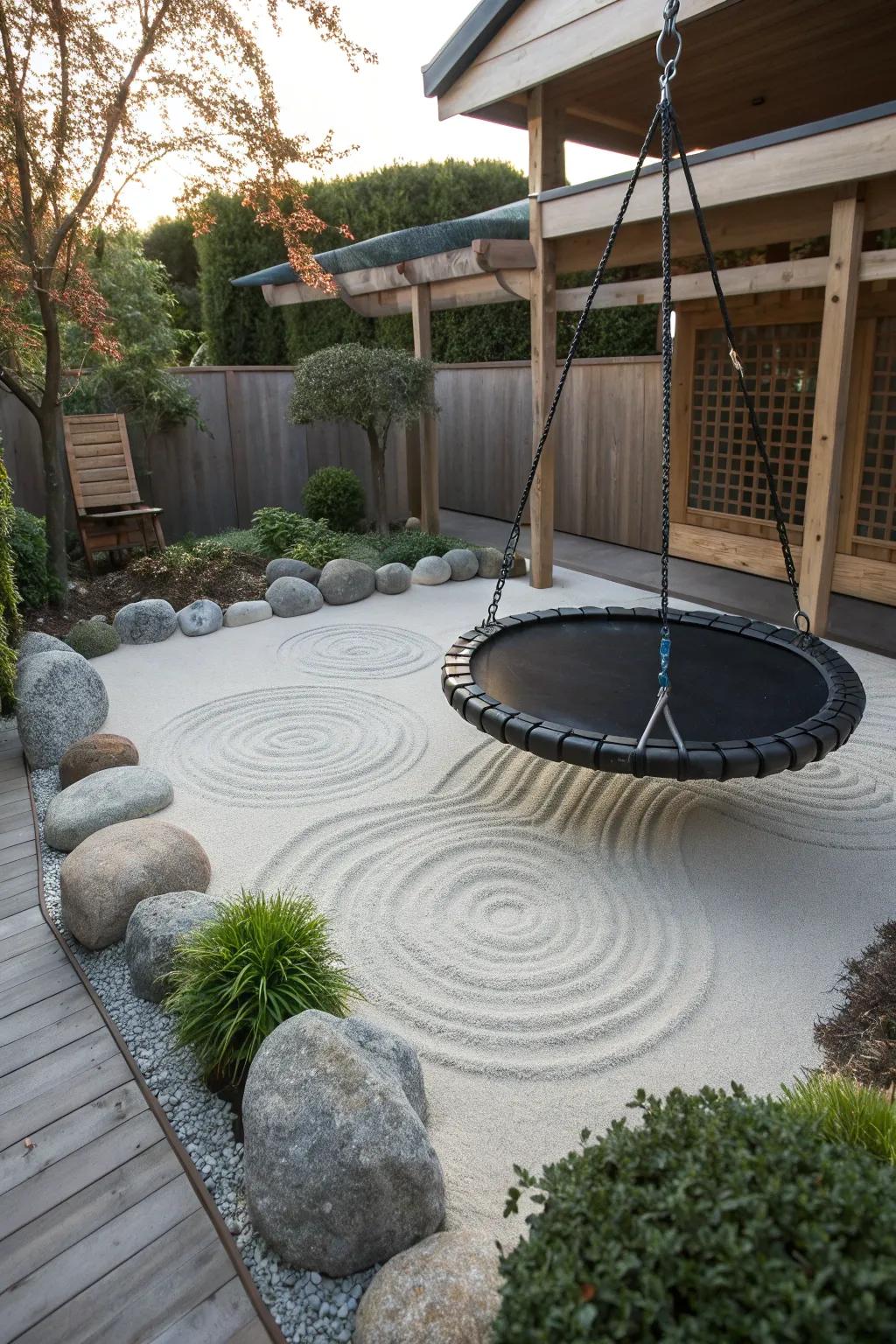 Create a tranquil Zen garden oasis beneath your trampoline.