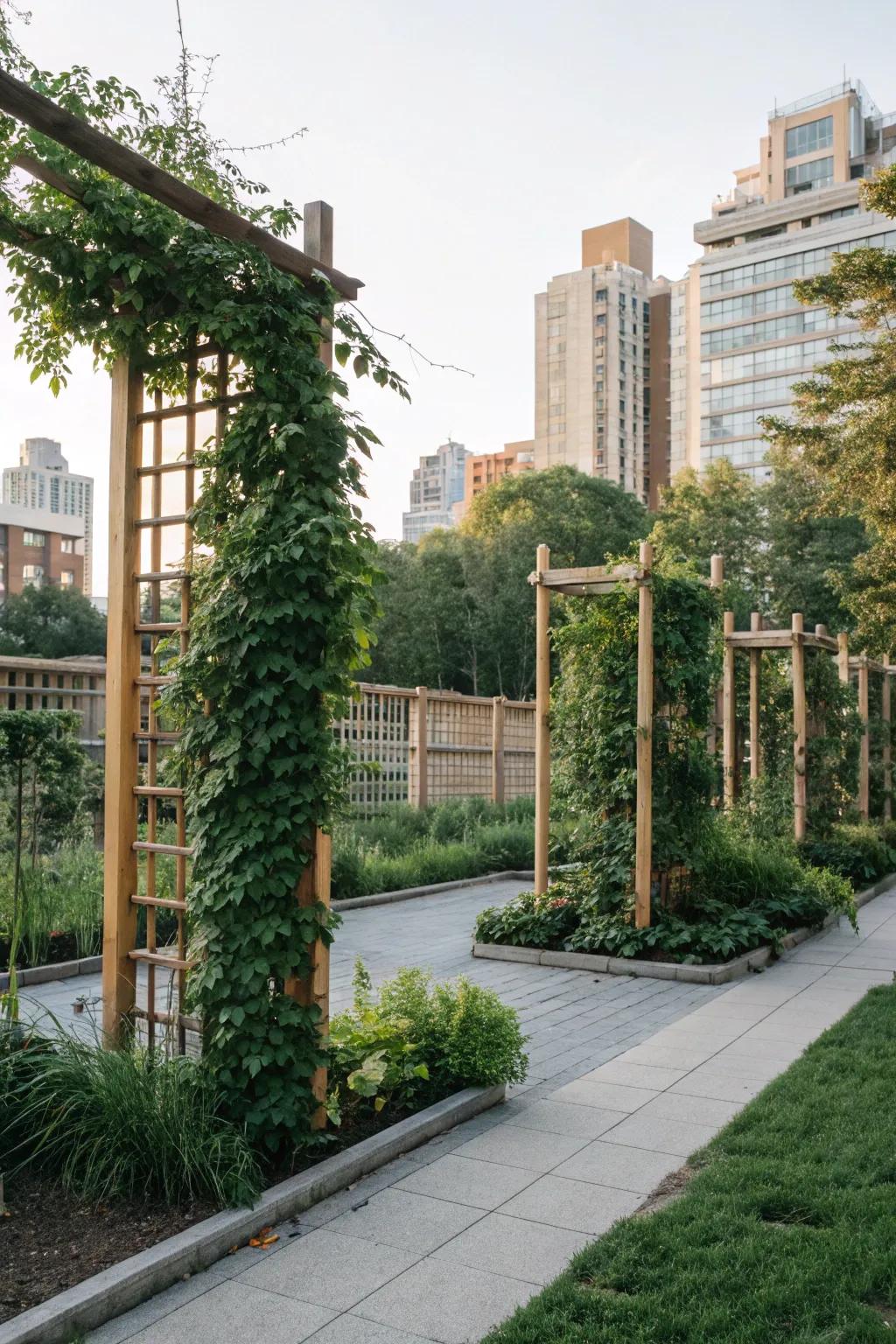Trellises with climbers add vertical interest and fragrance.