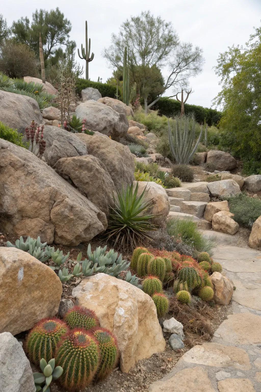 A rock garden that combines stones and hardy plants.