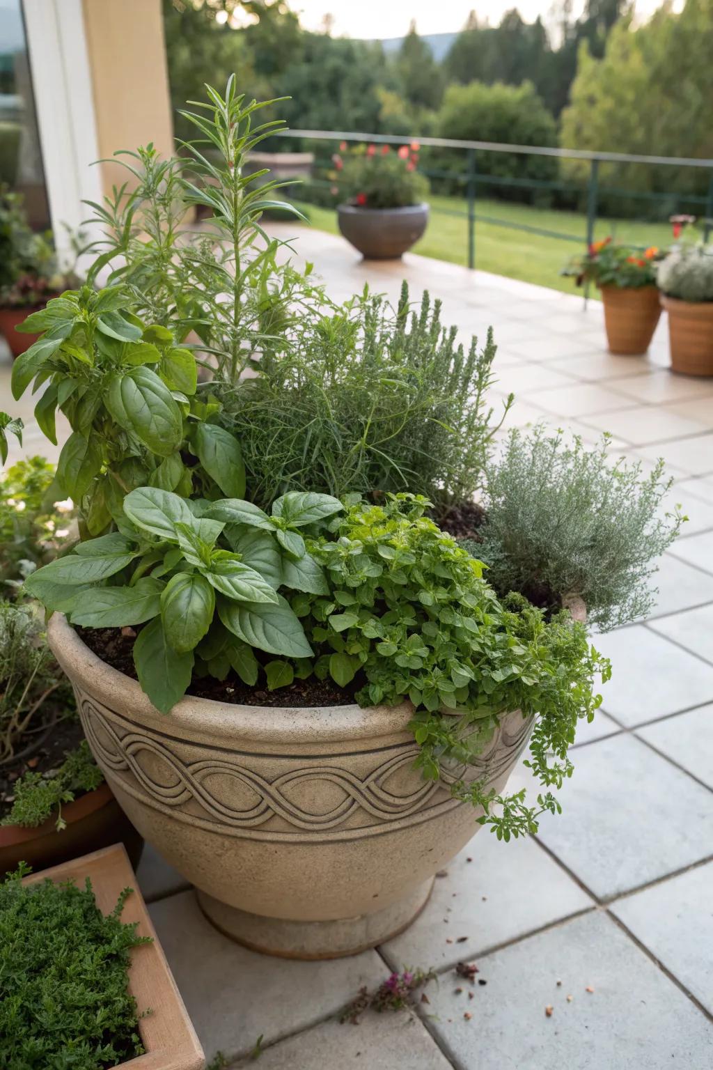A large pot with a mix of favorite kitchen herbs.