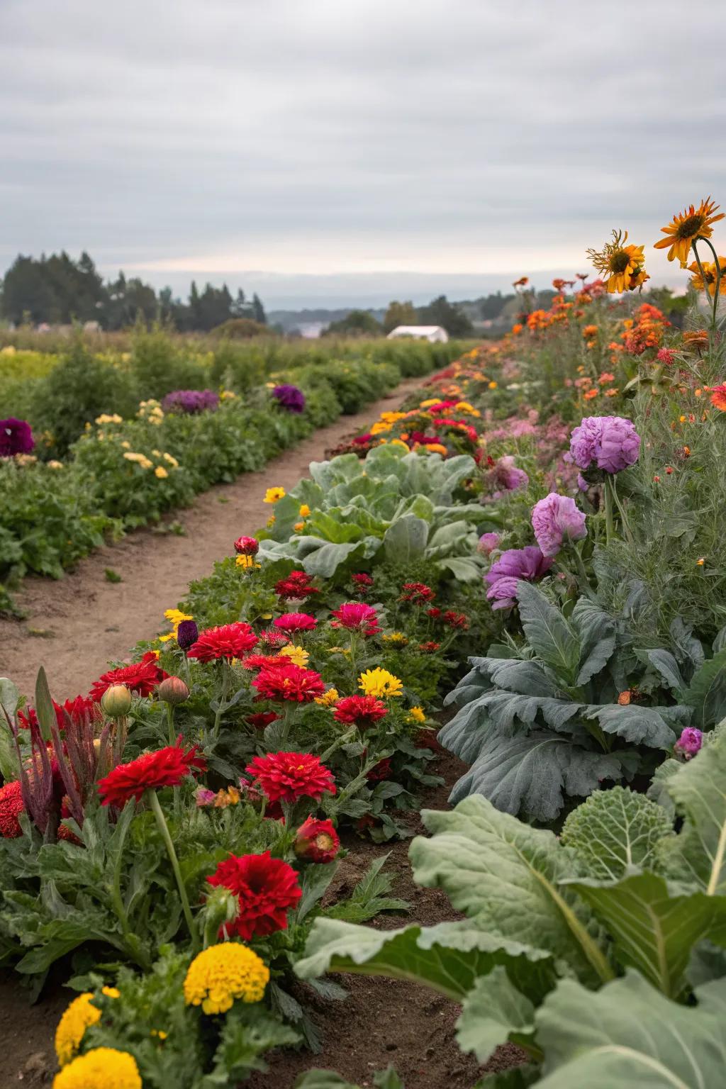 Hidden pockets of vegetables among the flowers.