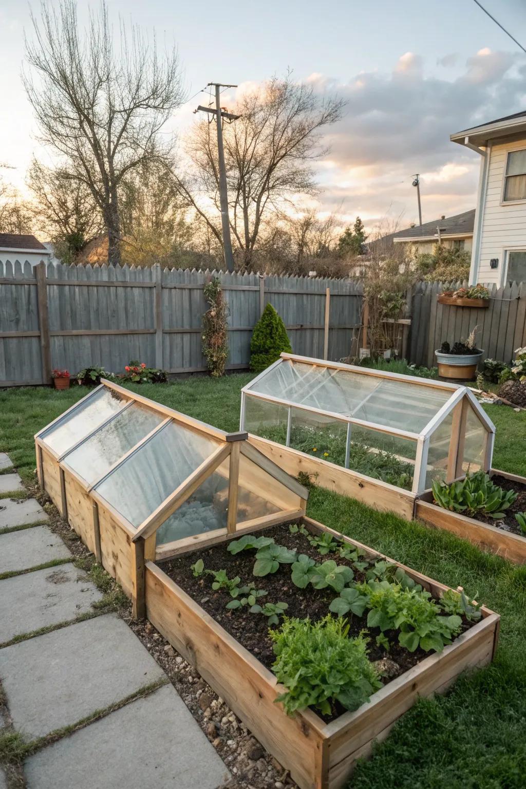 Cold frames extending the vegetable growing season.