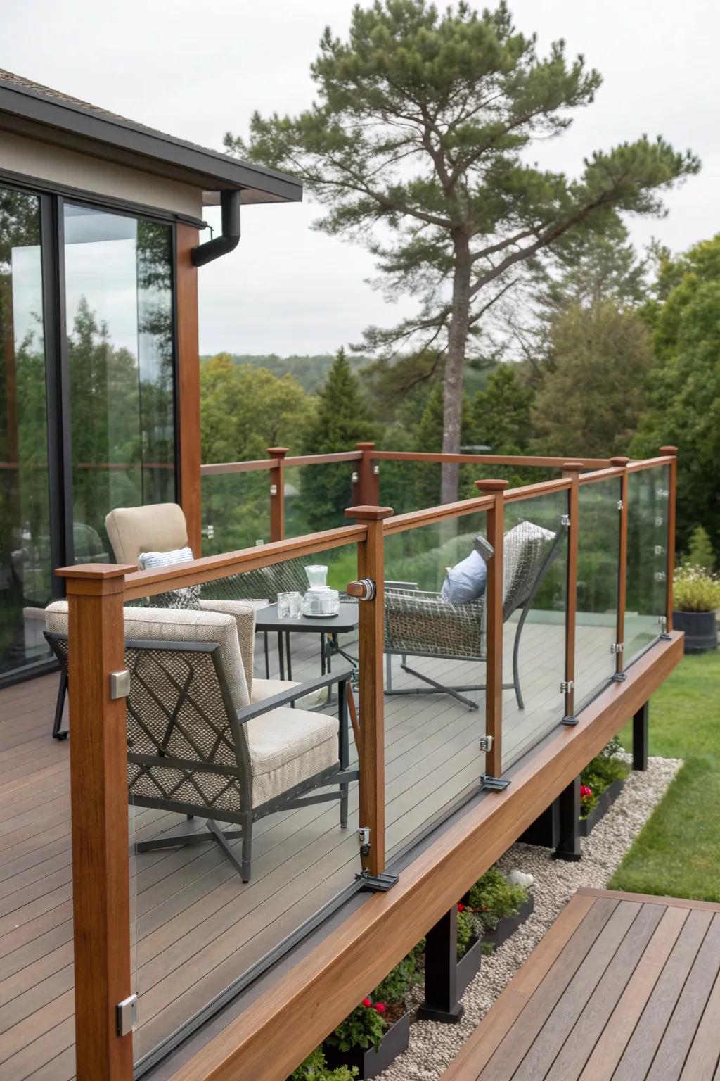 A creative mix of wood and glass in deck railings.