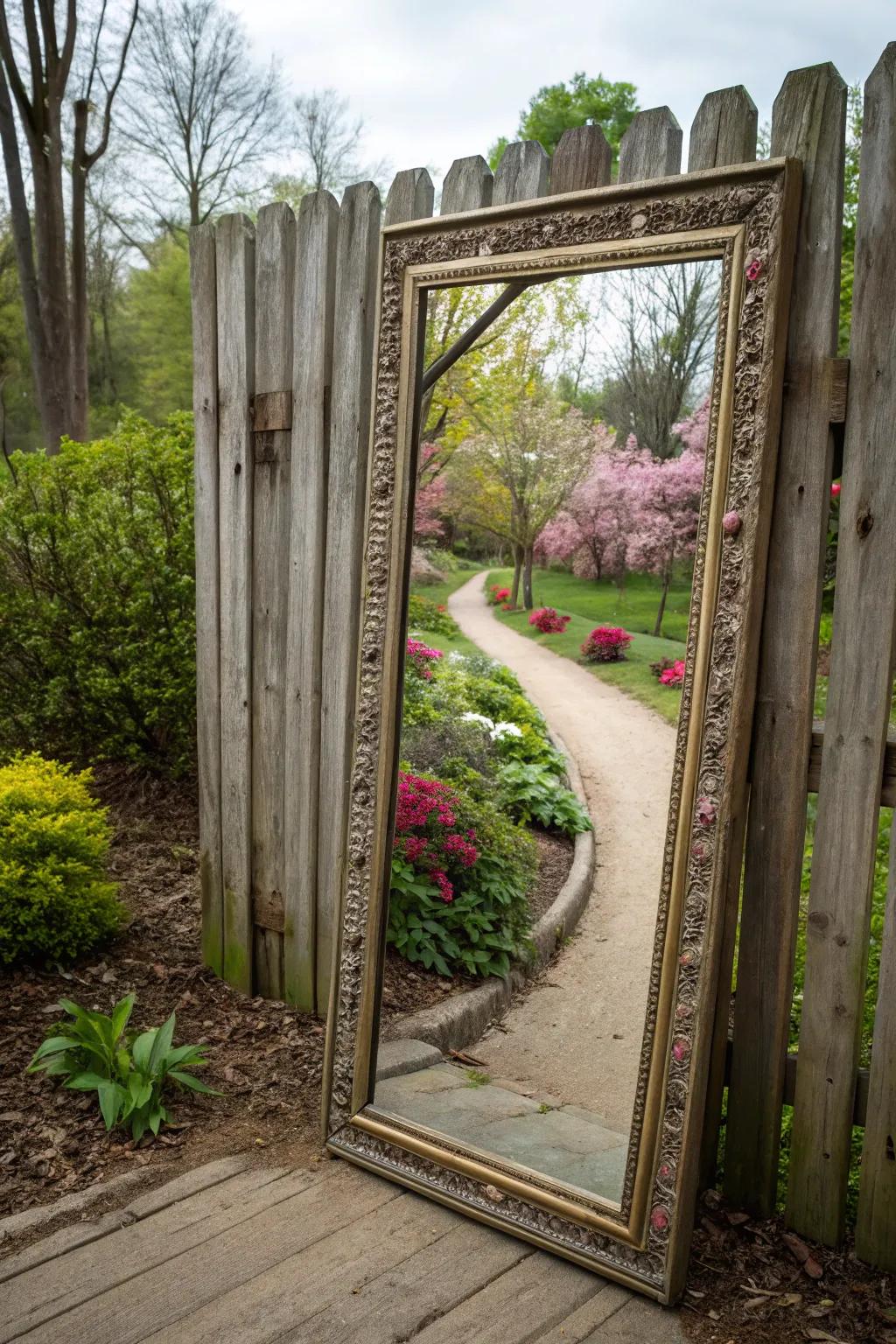 Mirrors on fences create depth and visual interest.