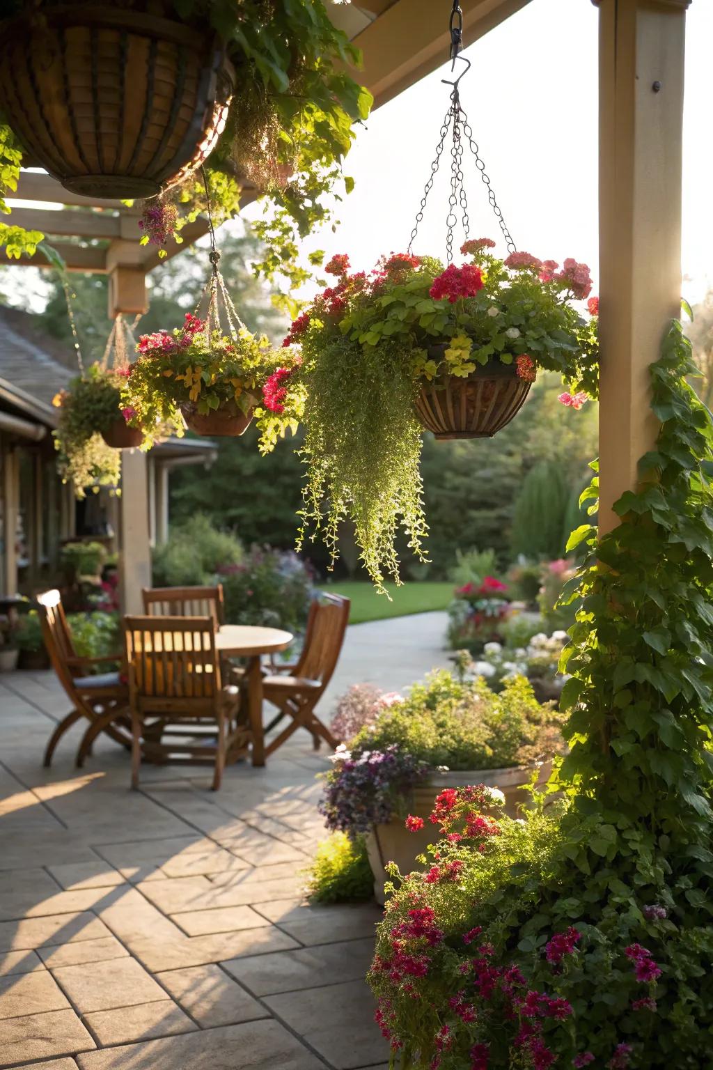 Hanging baskets create a floating garden effect.