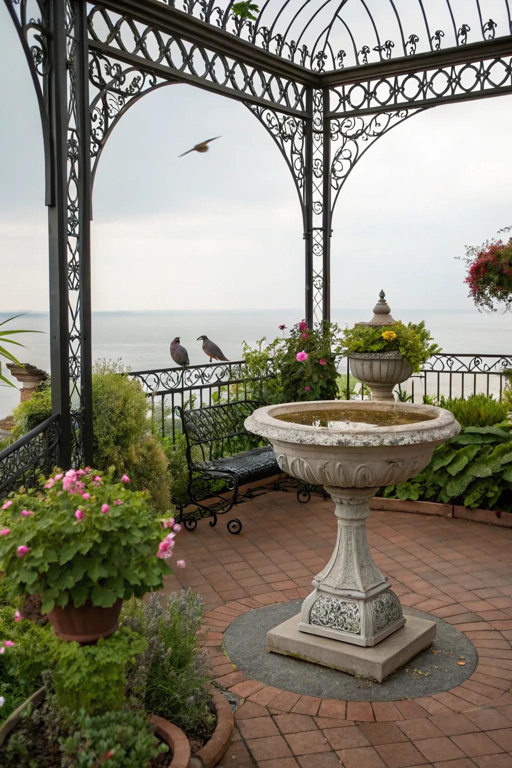A birdbath adds tranquility to this Victorian patio.