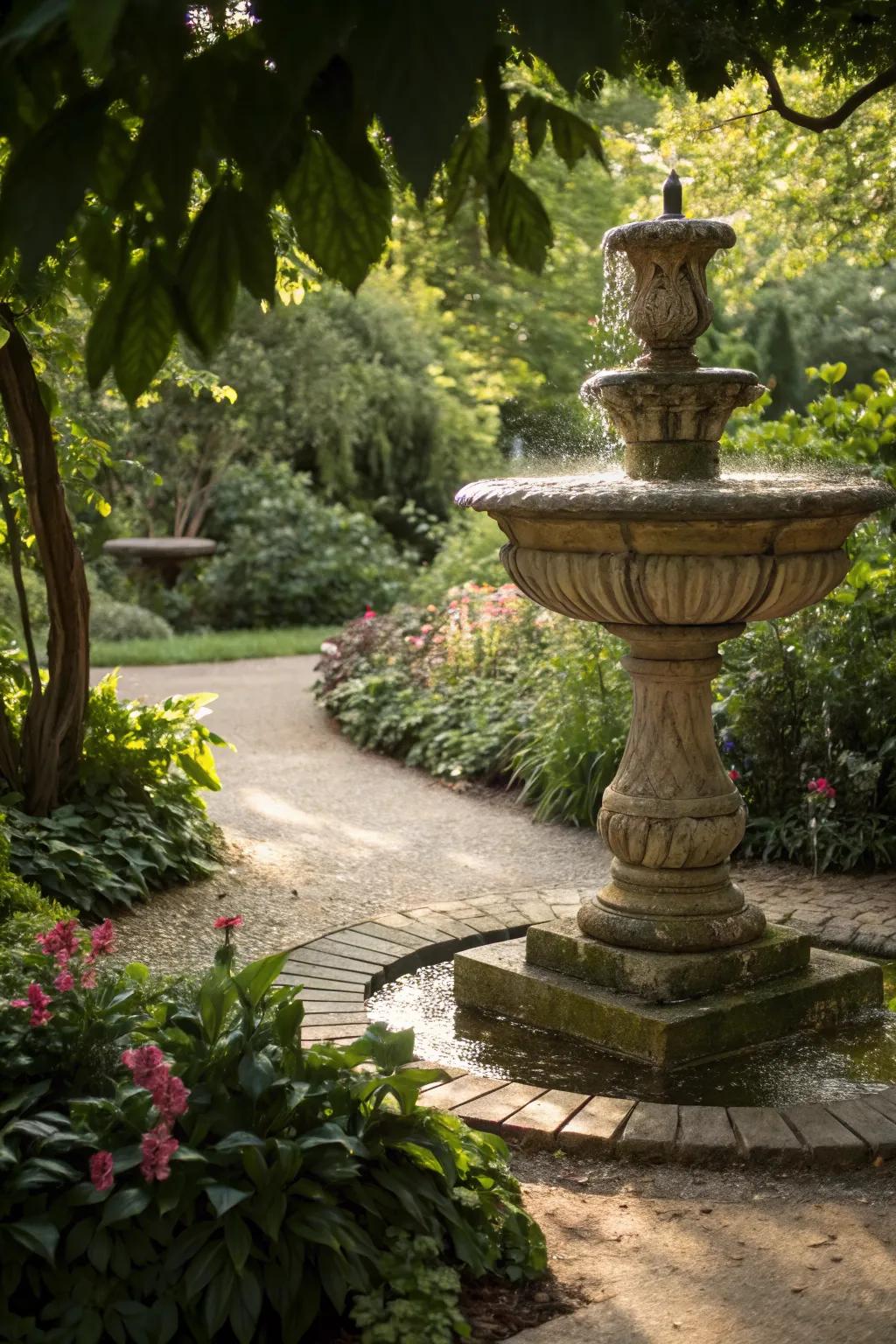 A vintage water fountain adding a tranquil element to the garden.