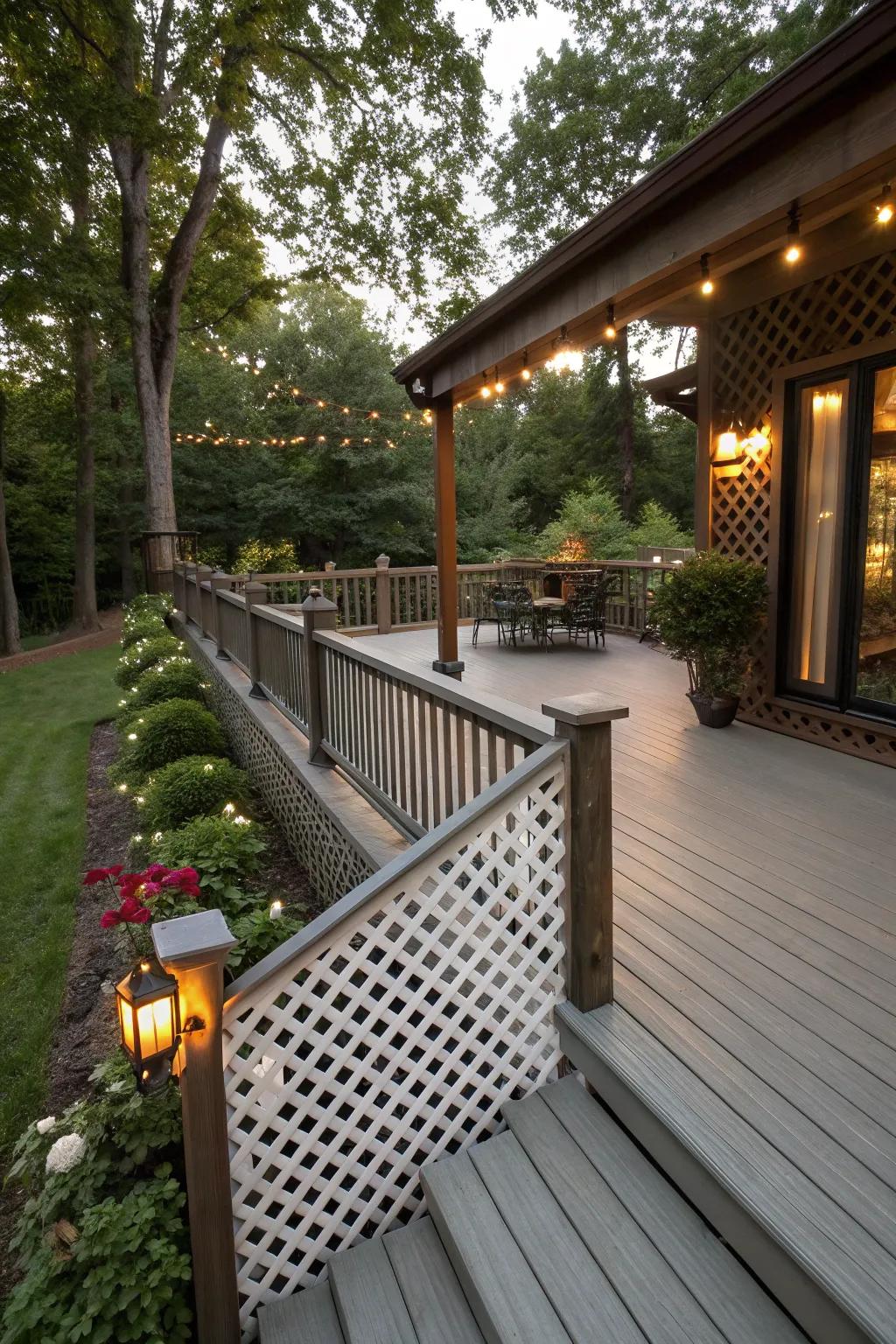 Weathered vinyl lattice adds rustic charm to your deck.