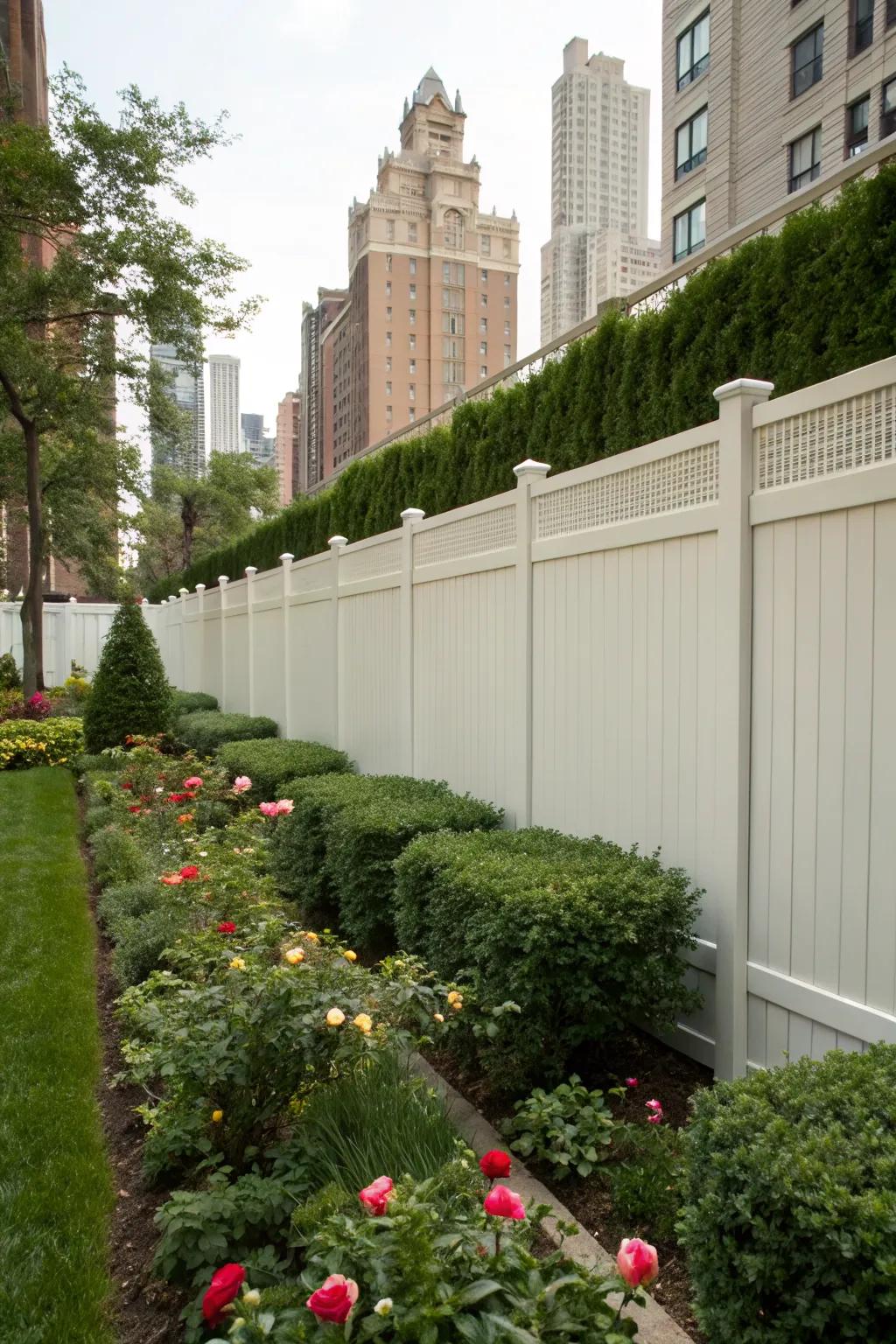 A tall vinyl fence provides a private sanctuary in the heart of the city.