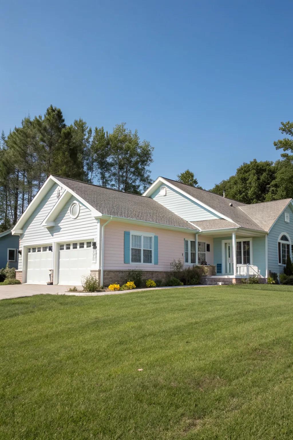 A ranch home basking in sunlight with bright pastel vinyl siding.