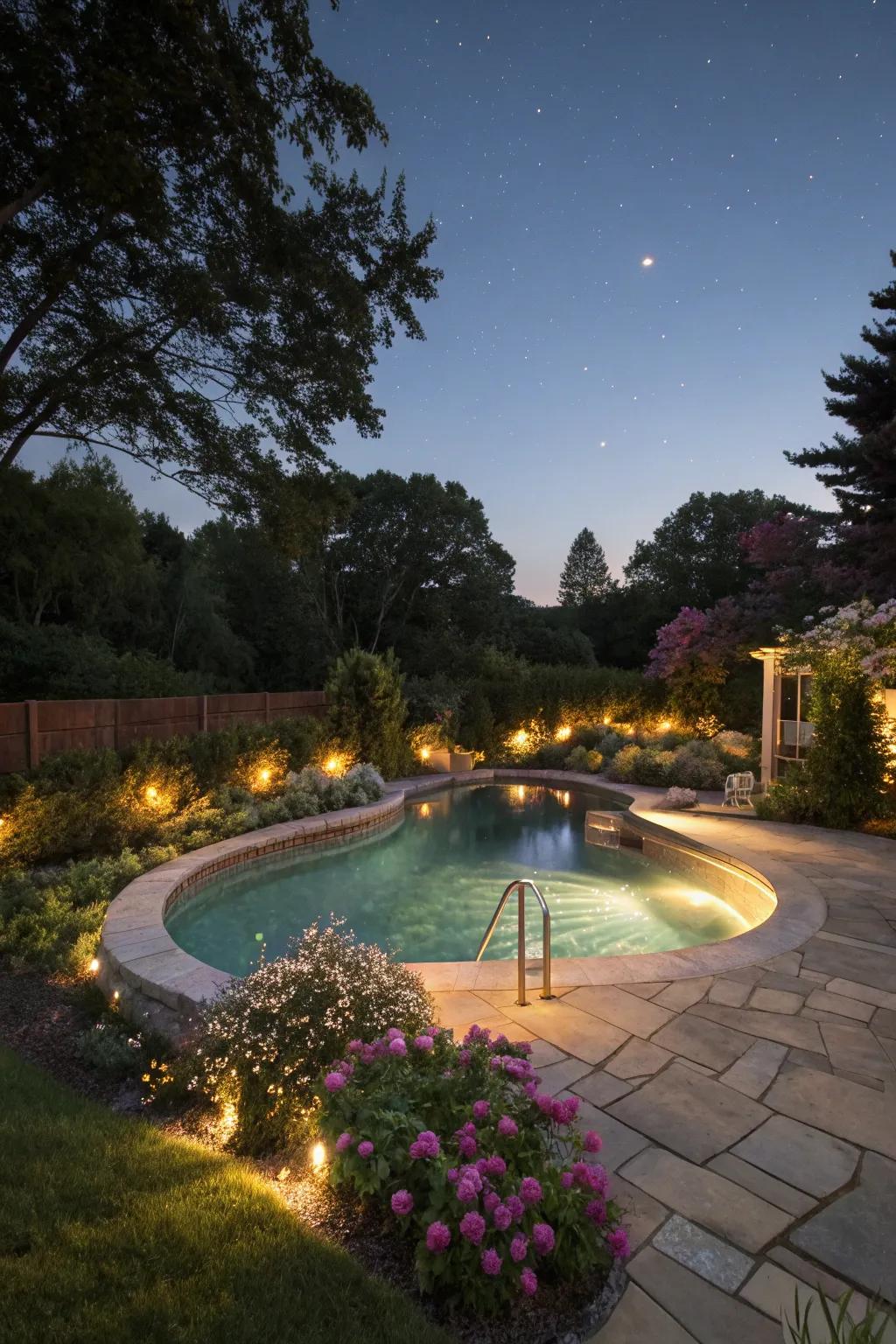 Integrated lighting transforms this wading pool into a magical nighttime retreat.