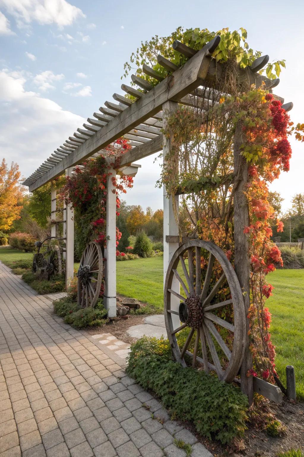 Wagon wheels enhance the design of this garden pergola.