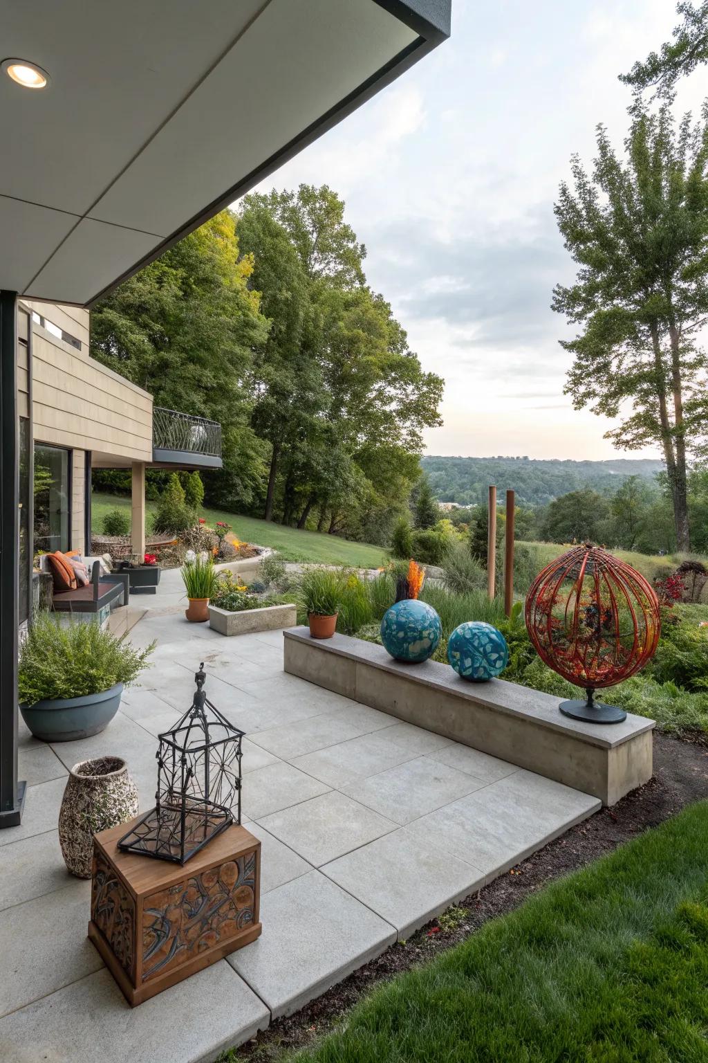 Outdoor art installations add personality and style to a walkout basement patio.