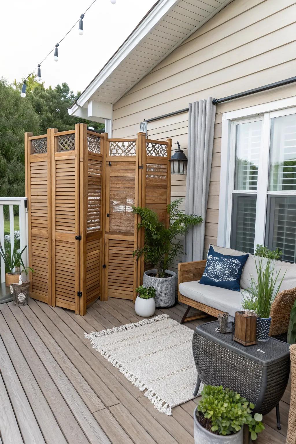 A deck with wooden privacy screens and decorative elements.