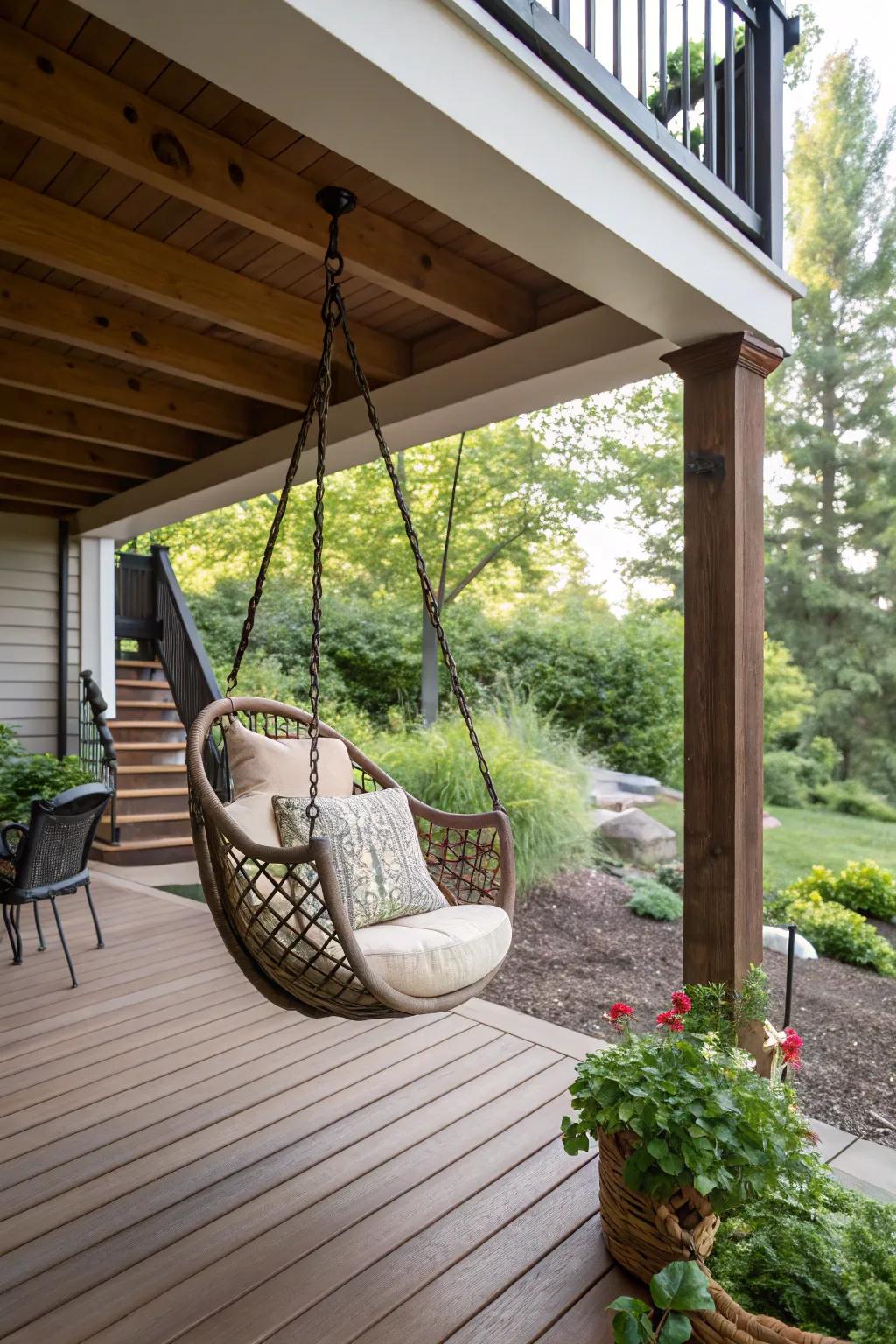 A swinging chair adds charm and fun to any patio.