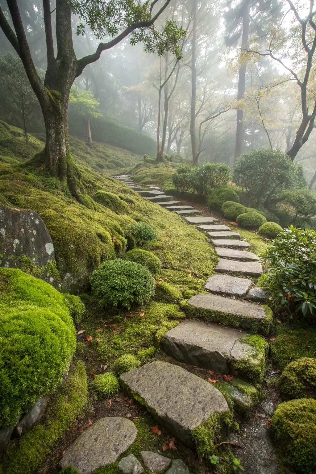 Stepping stones and moss create a serene, fairy-tale path.