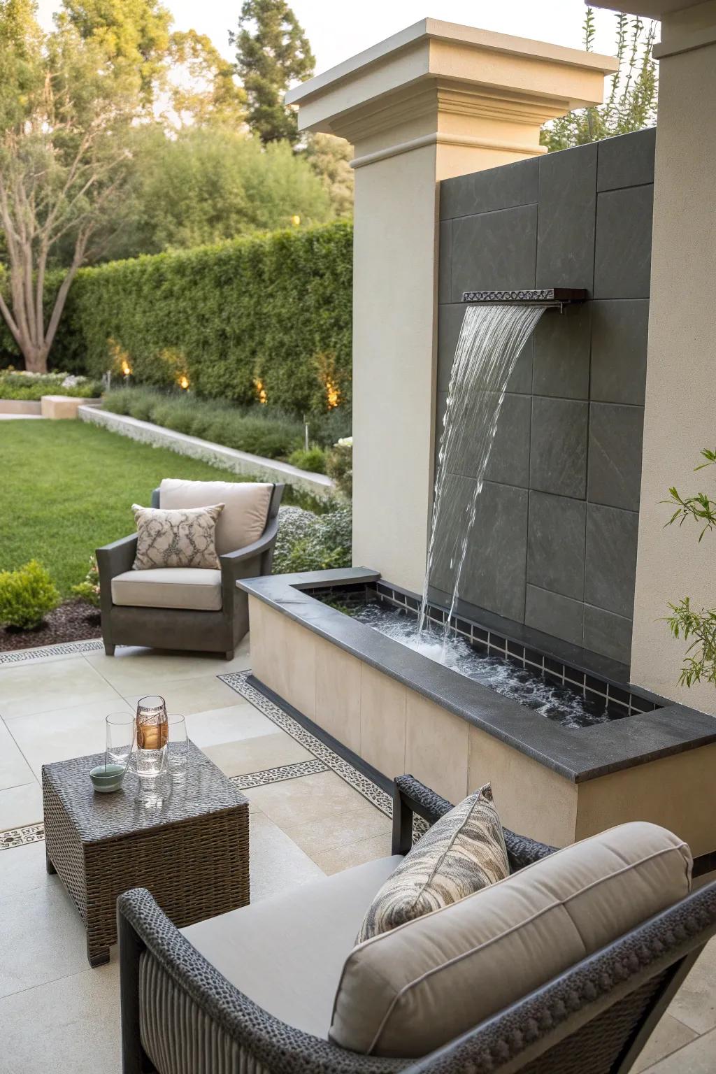A patio wall fountain adds elegance to any outdoor gathering.