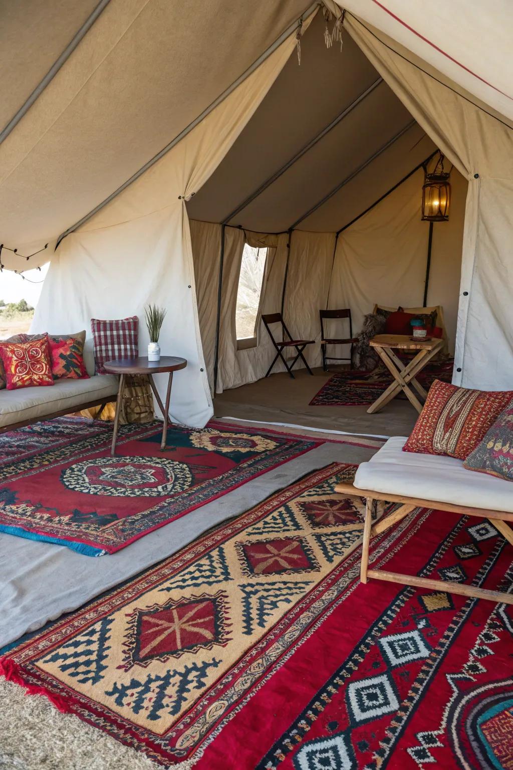 Bold patterns make a striking statement in this wall tent interior.