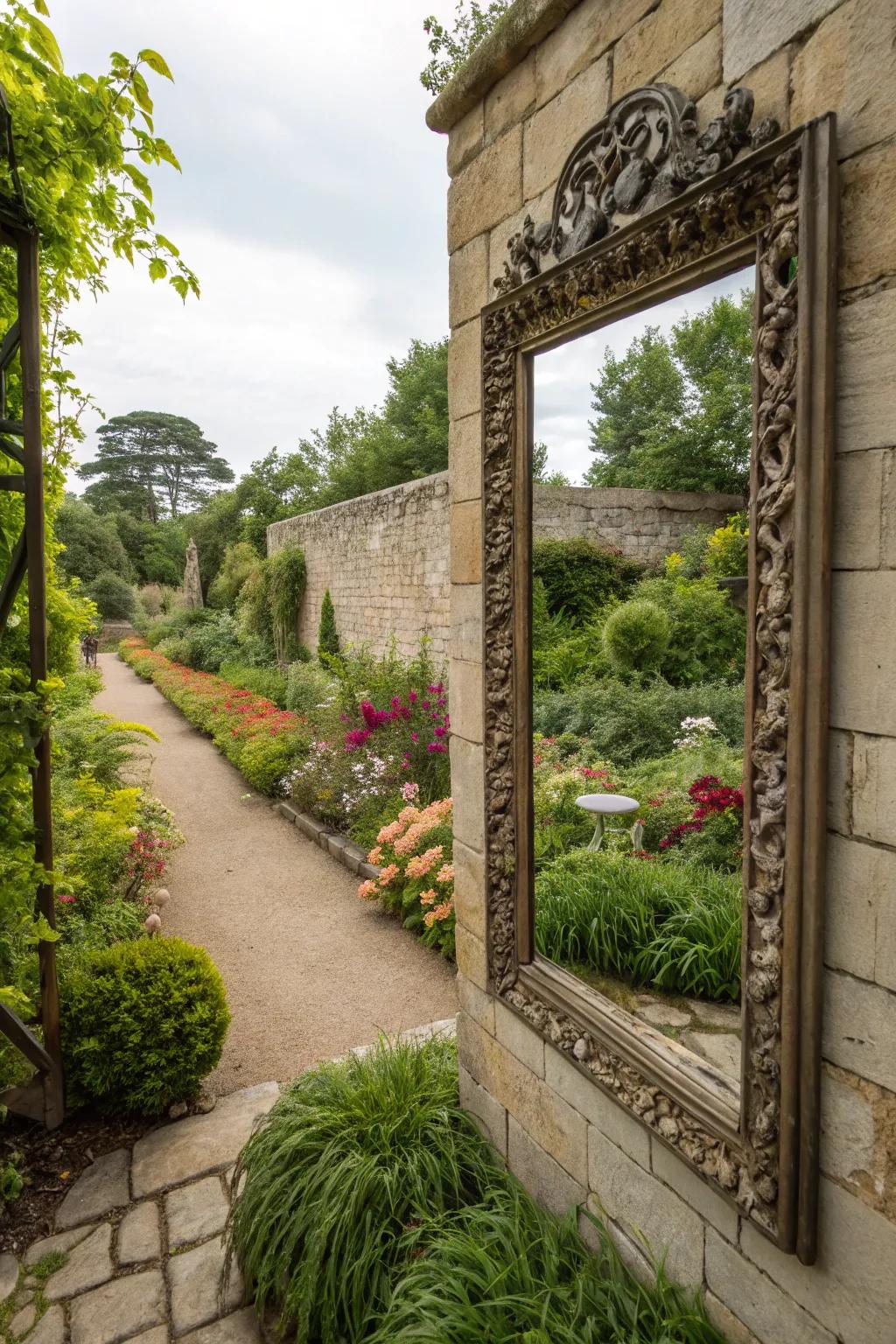Mirrors enhancing the garden's depth and light.