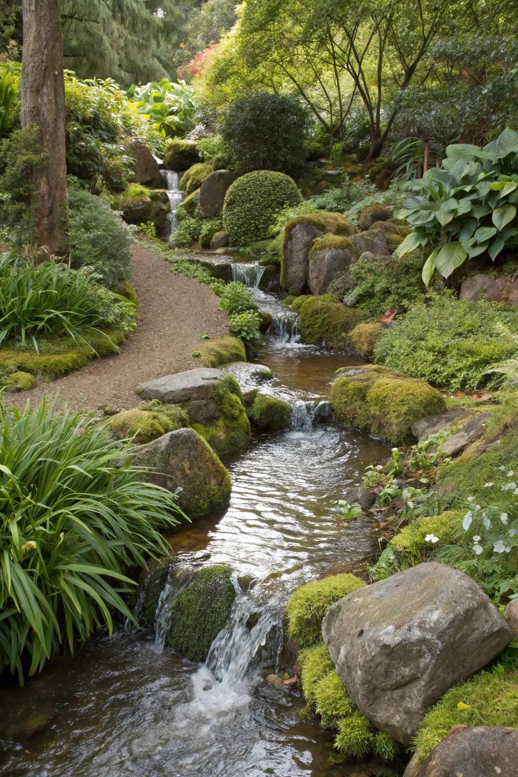 A garden stream offers natural flow and connects garden elements seamlessly.