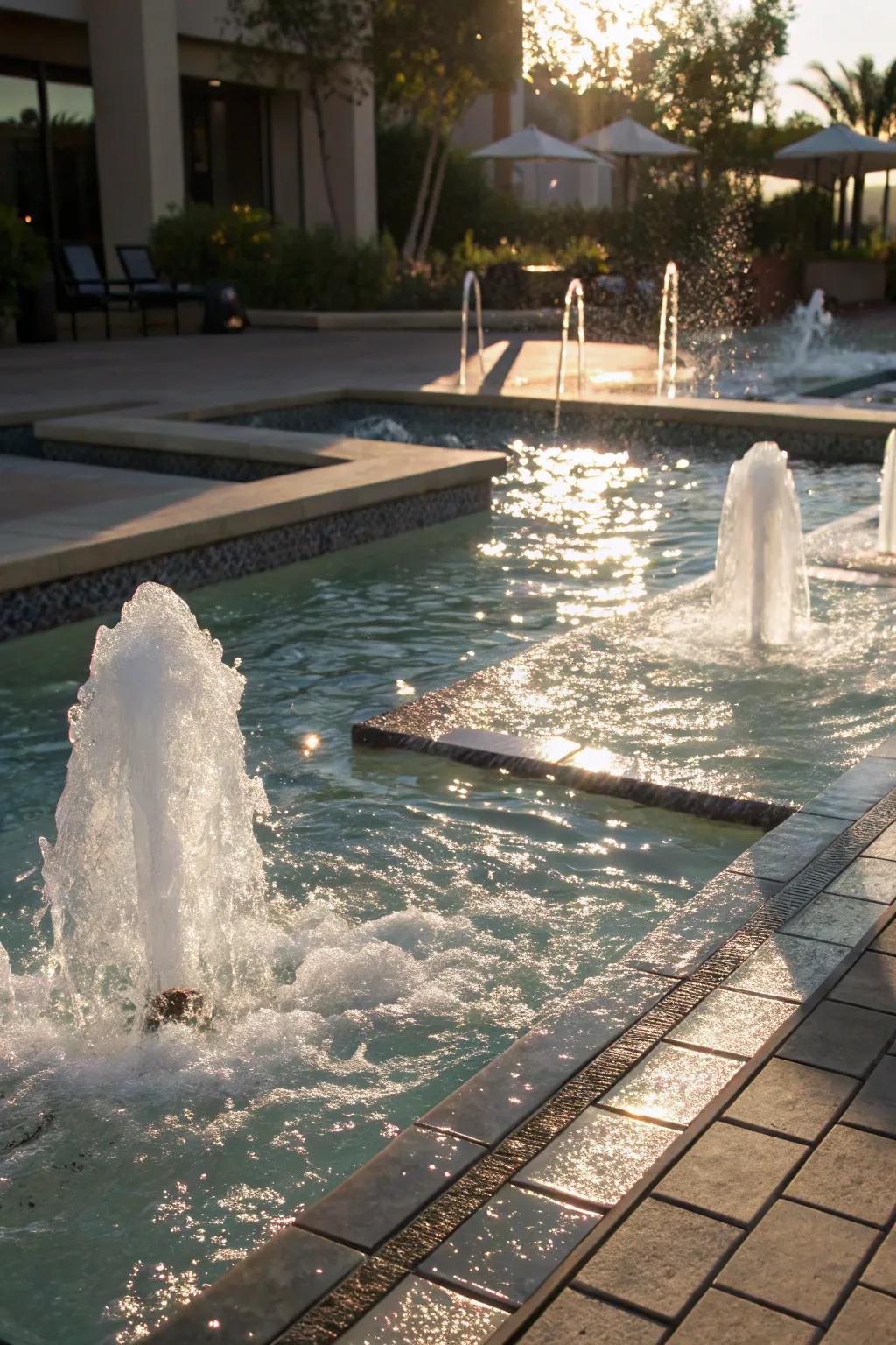 Bubbler fountains create a lively and playful atmosphere.