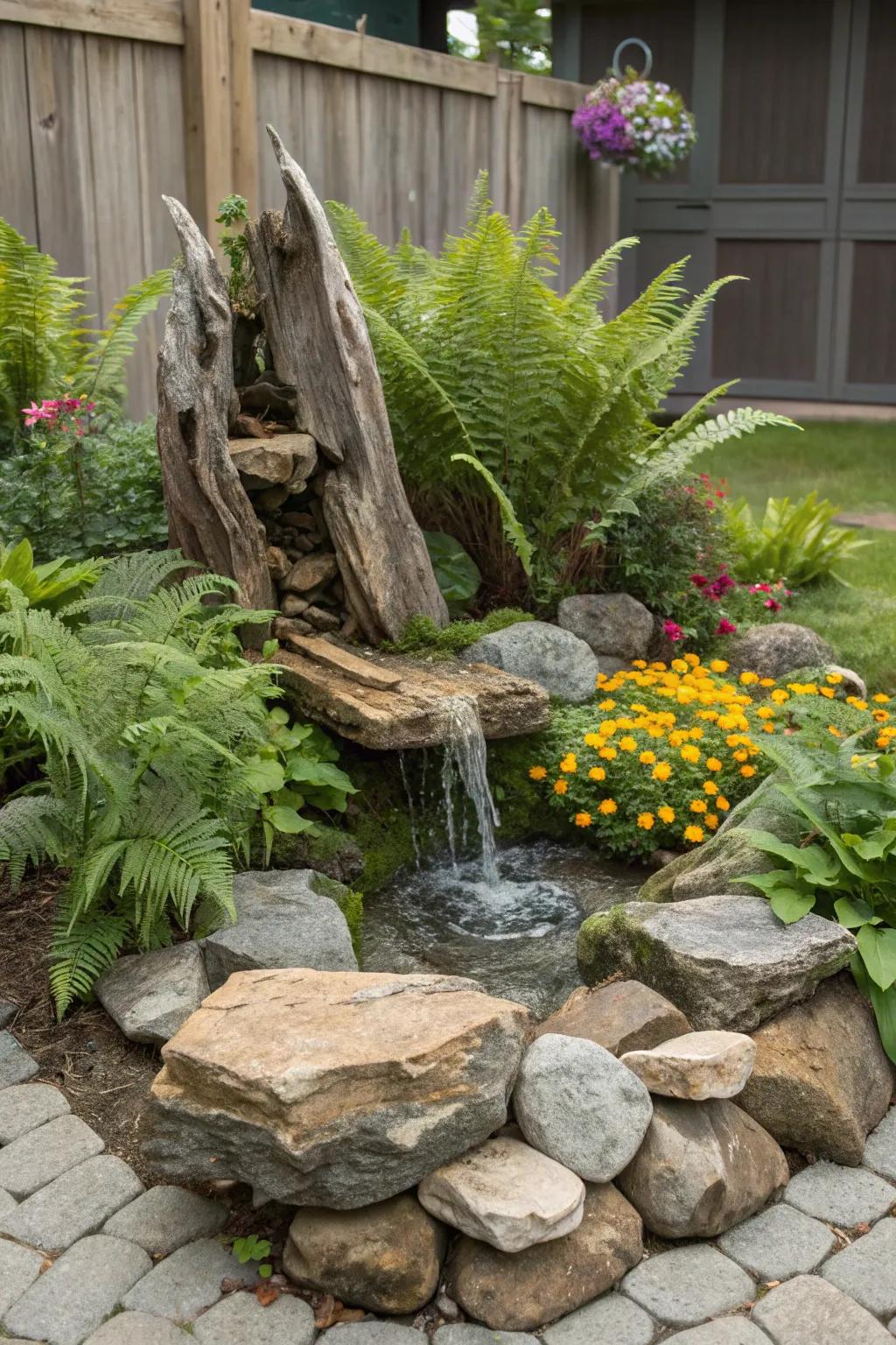 A rock fountain with driftwood adds an earthy, organic feel to your garden.