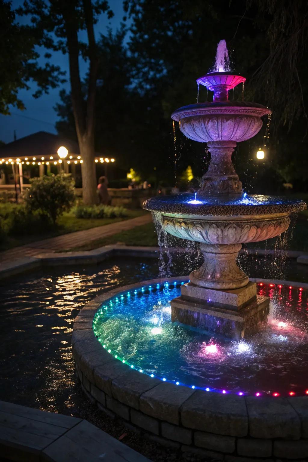 LED lights creating a magical nighttime fountain display.