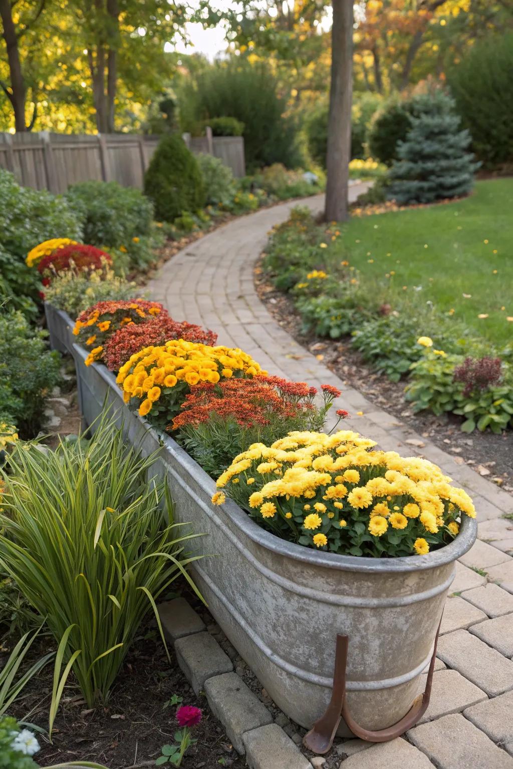 A seasonal water trough planter transitioning with the time of year.