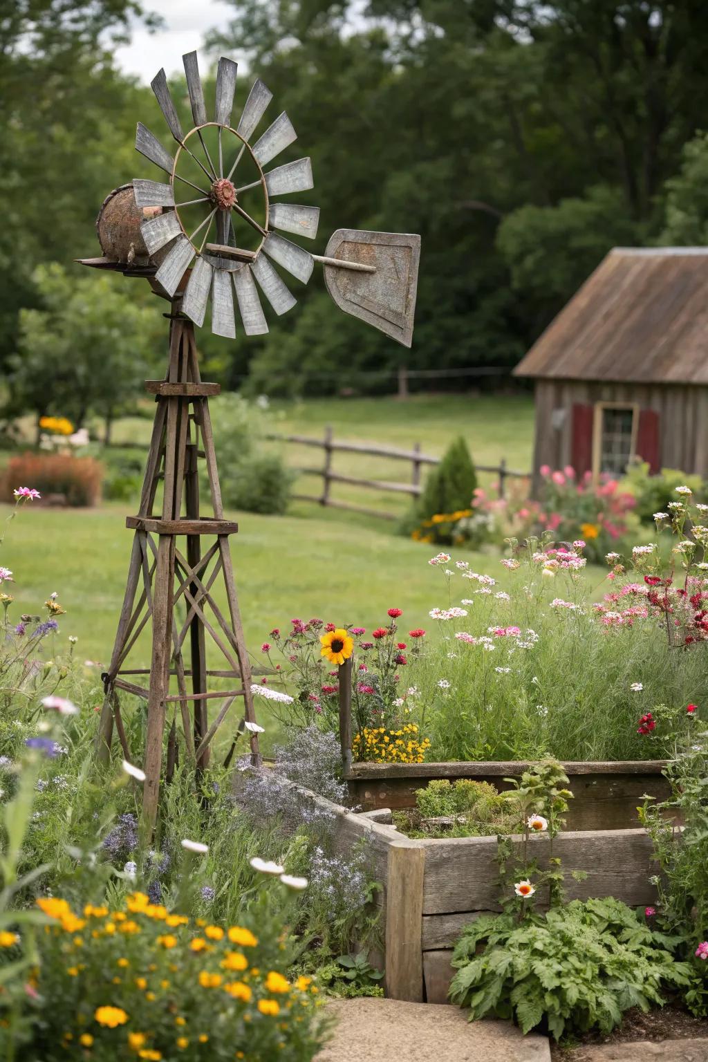 A windmill cover adds whimsy and motion to your garden.