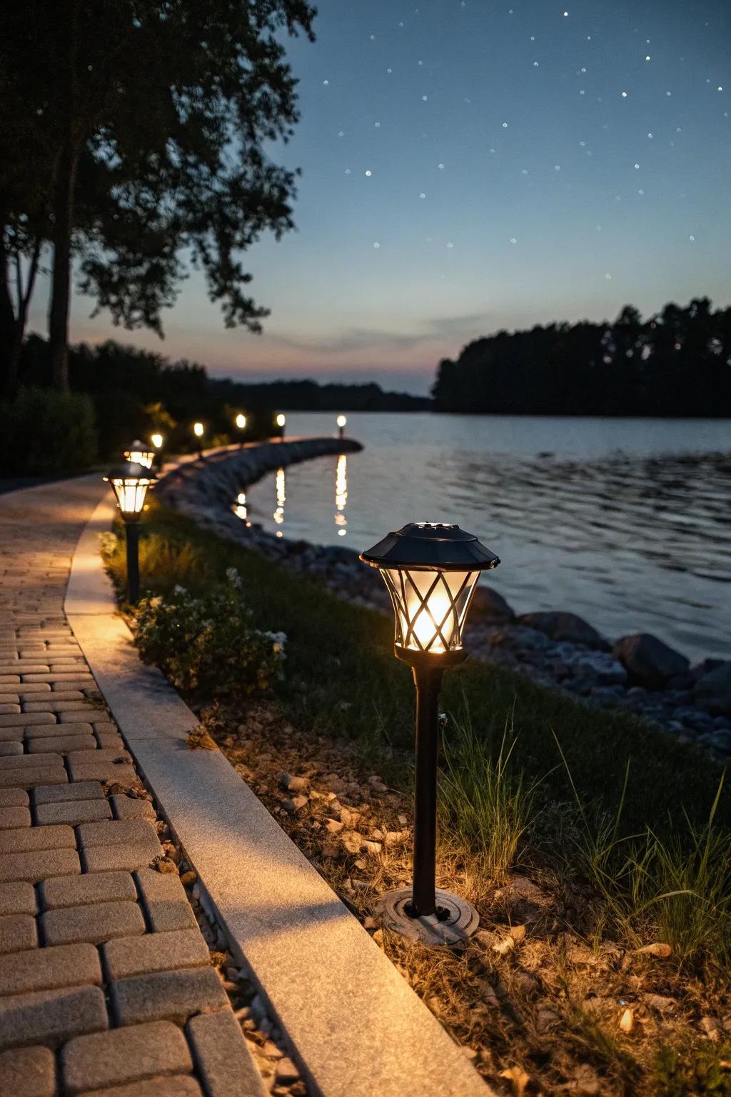 Solar lights creating a magical ambiance by the water.