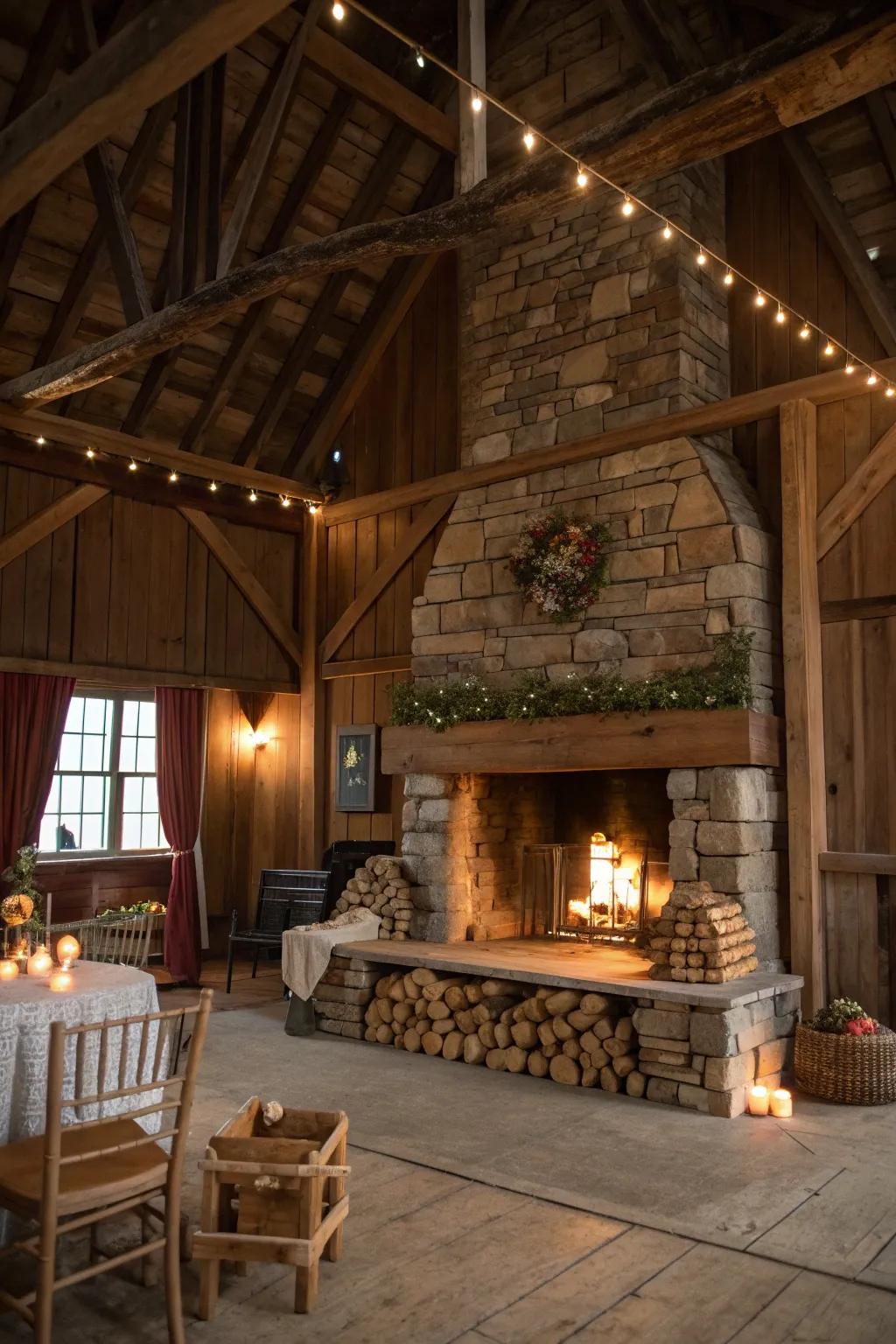 A cozy fireplace as a warm focal point.