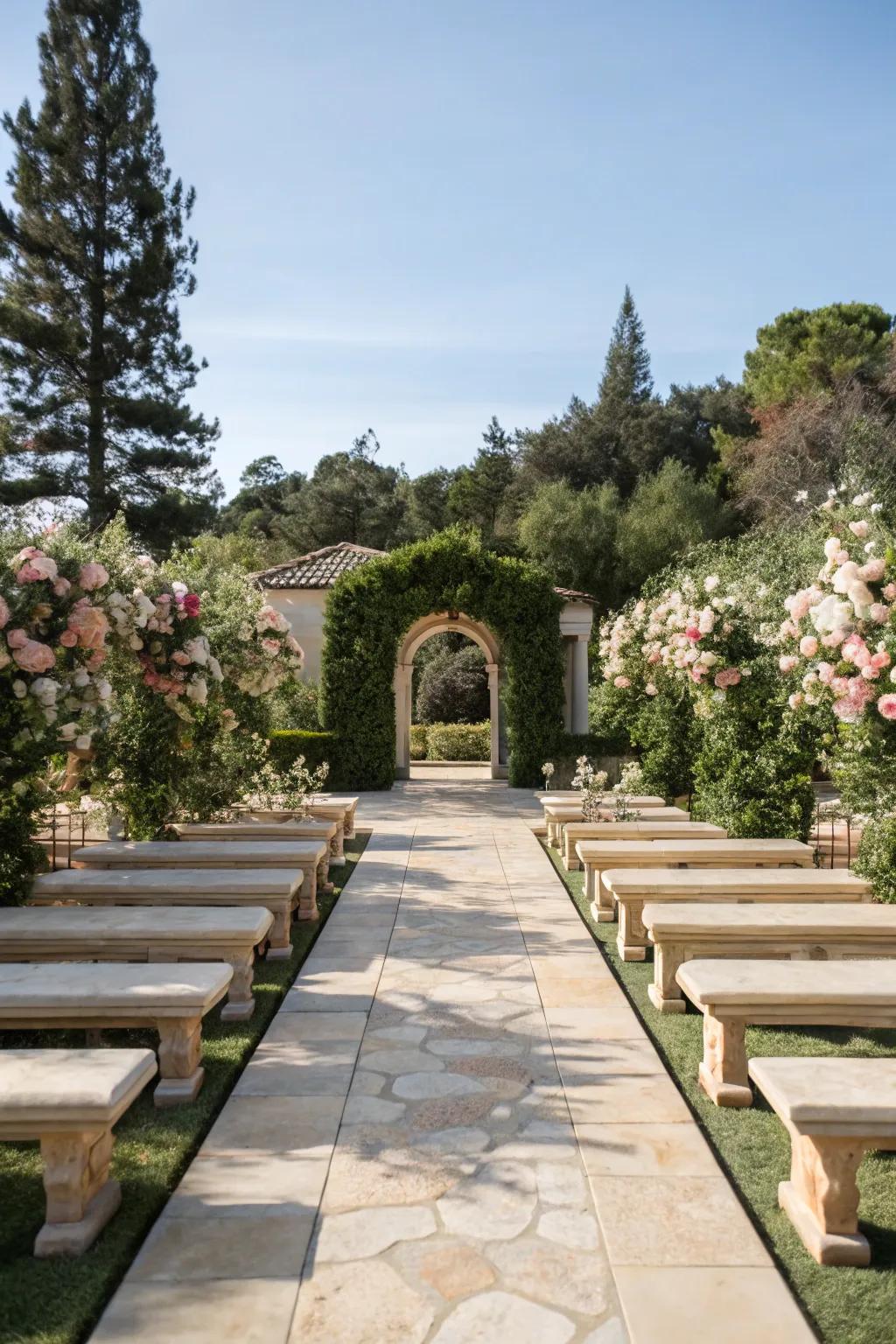 Stone benches provide a timeless elegance for weddings.