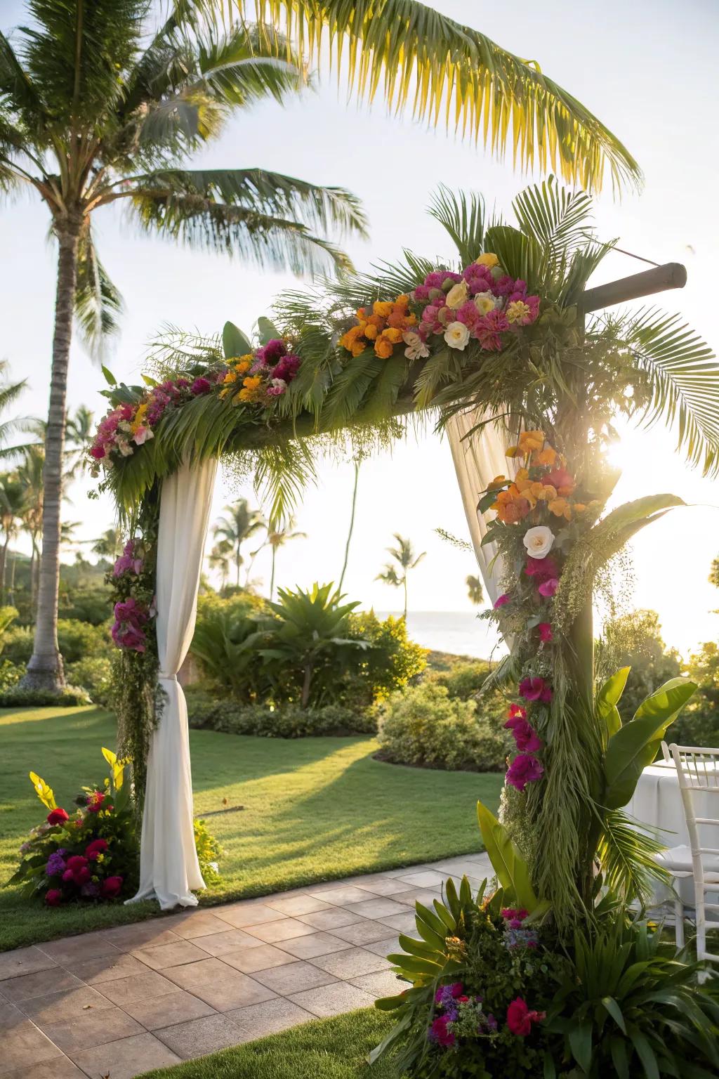 A tropical paradise arch bursting with vibrant colors and lush greenery.