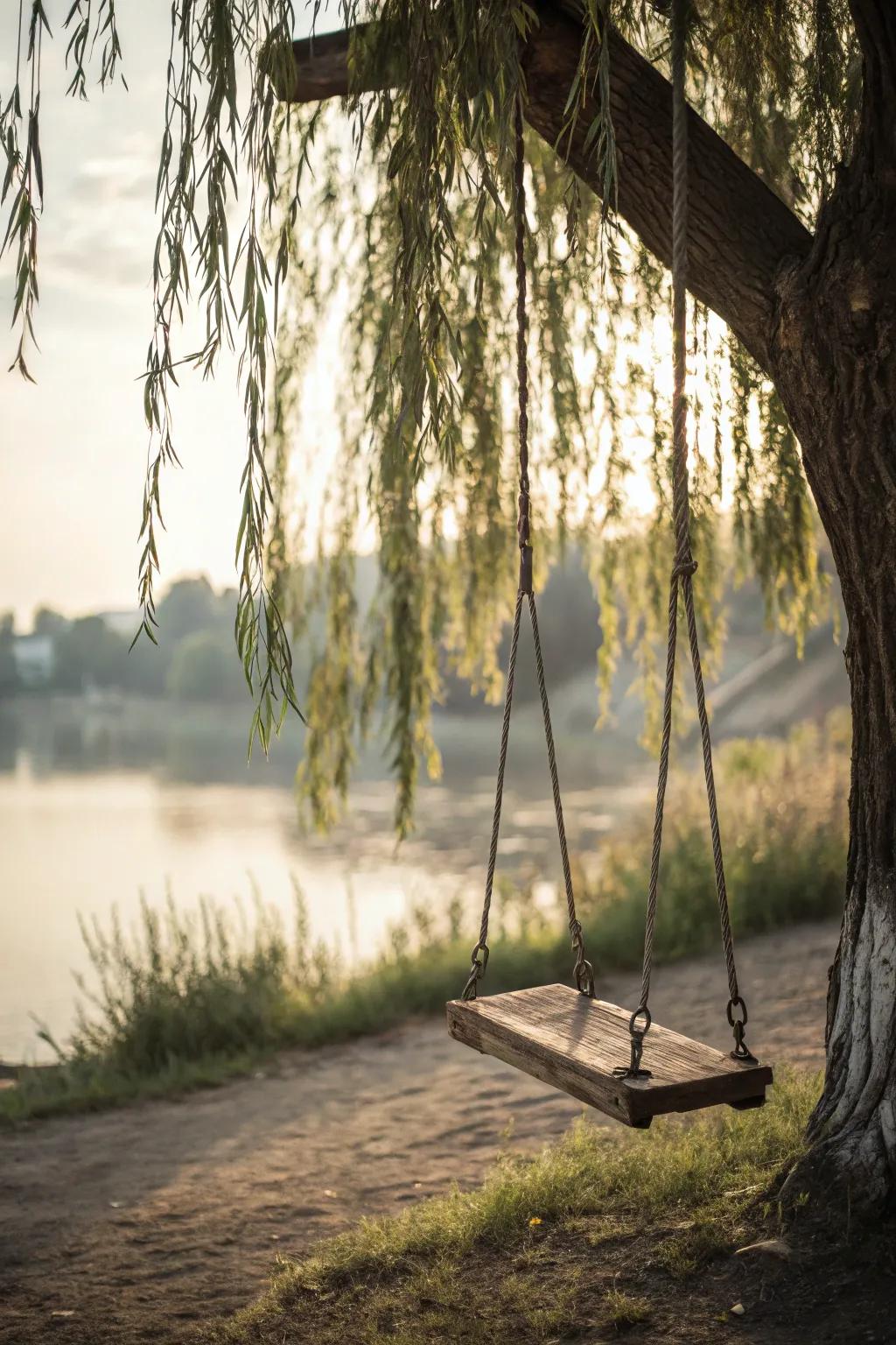 A swing under a willow invites play and relaxation.