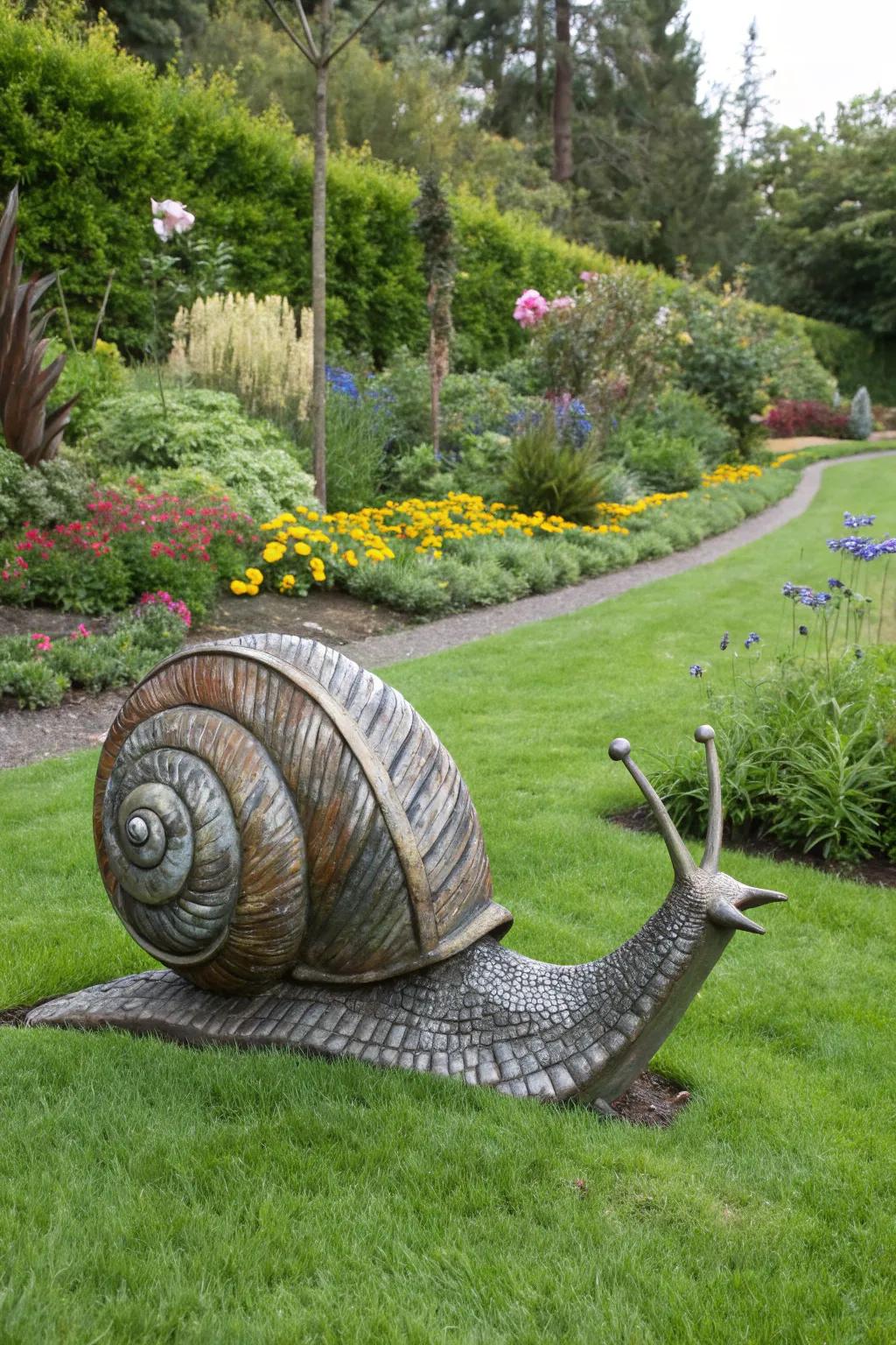 A giant metal snail brings humor to the garden.
