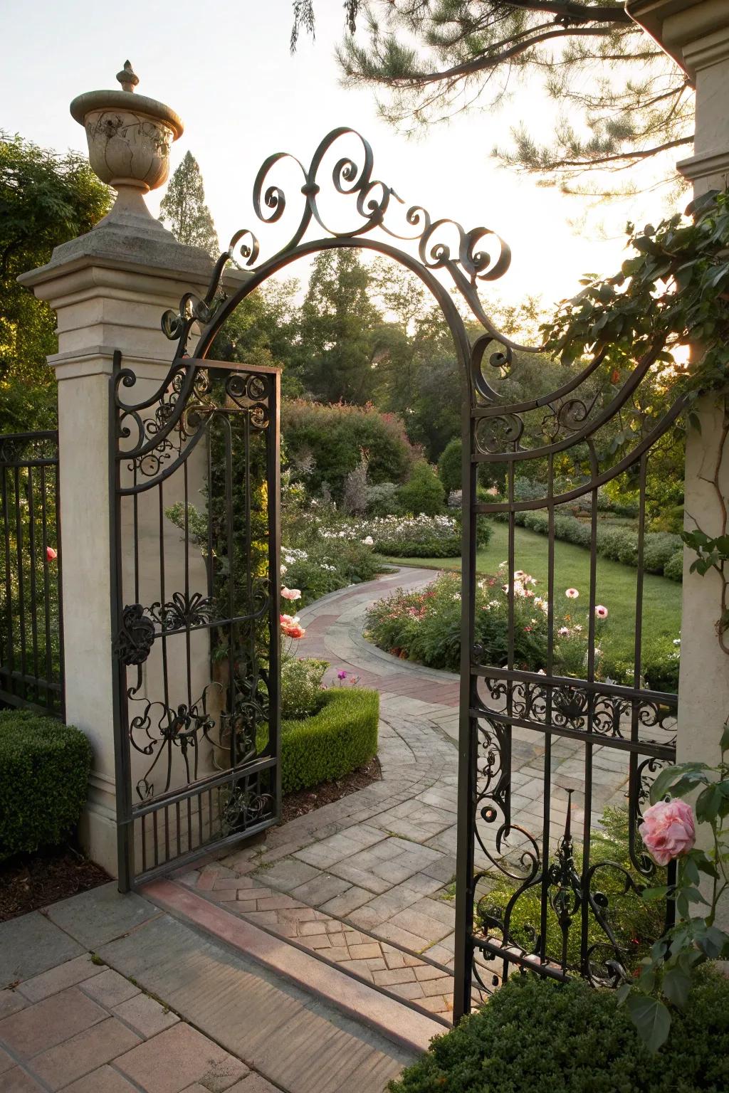 Iron accents add an elegant touch to this timeless gate design.
