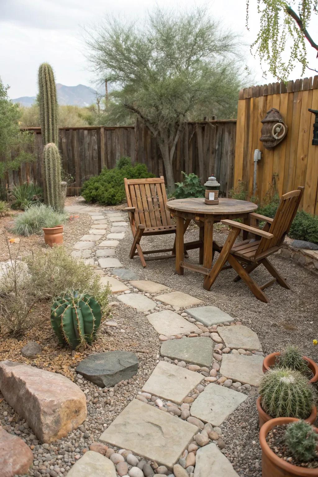 Stone and gravel create a sturdy, natural patio setting.
