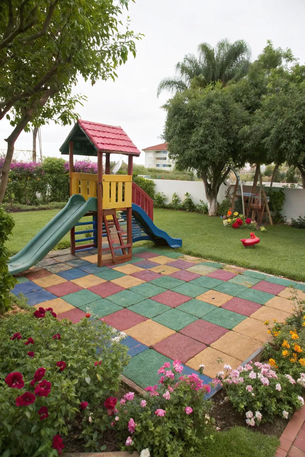 Recycled rubber tiles combine durability with vibrant colors.