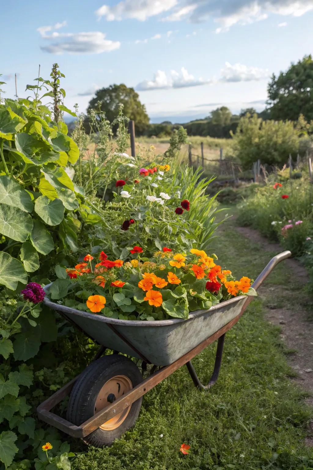 Sneak a taste with an edible flower wheelbarrow garden.